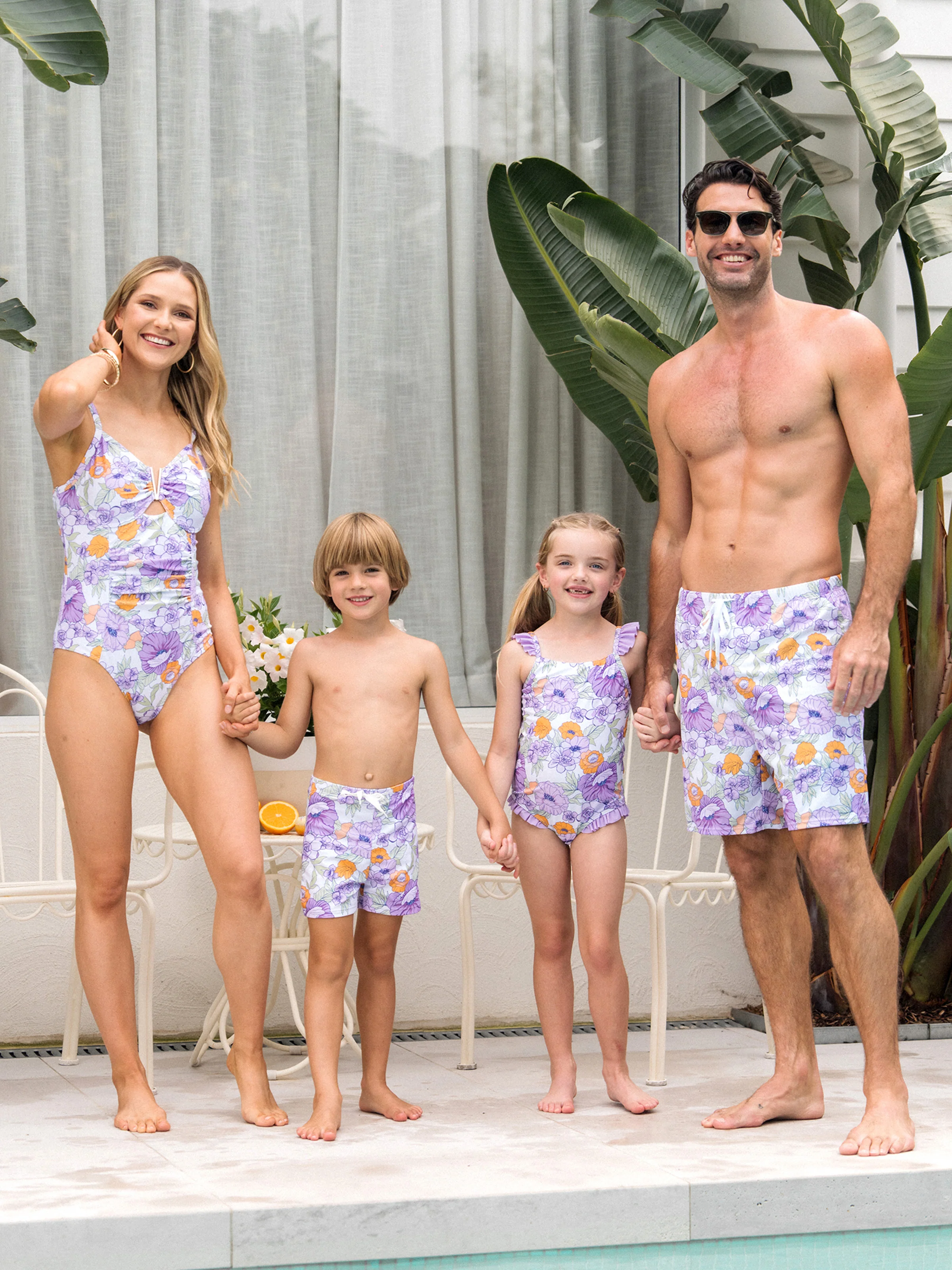 Mommy & me Floral Print Swimsuits Ruffled One-Piece Bathing Suit & Swim Trunks Set Purple - Image 2
