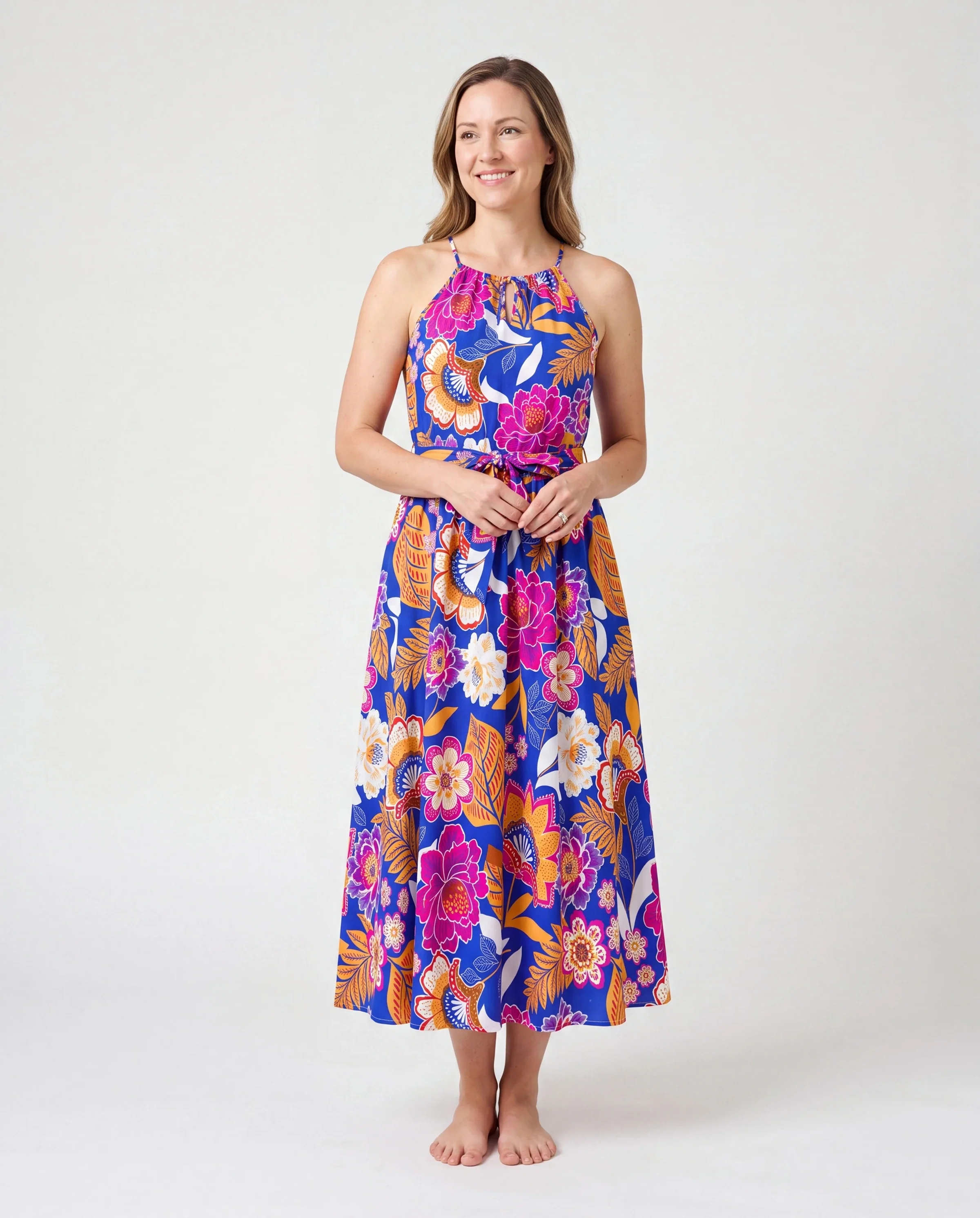 Mommy & me Hawaiian Outfits Tropical Floral Print Vacation Clothes Strap Belted Dress Navy - Image 2