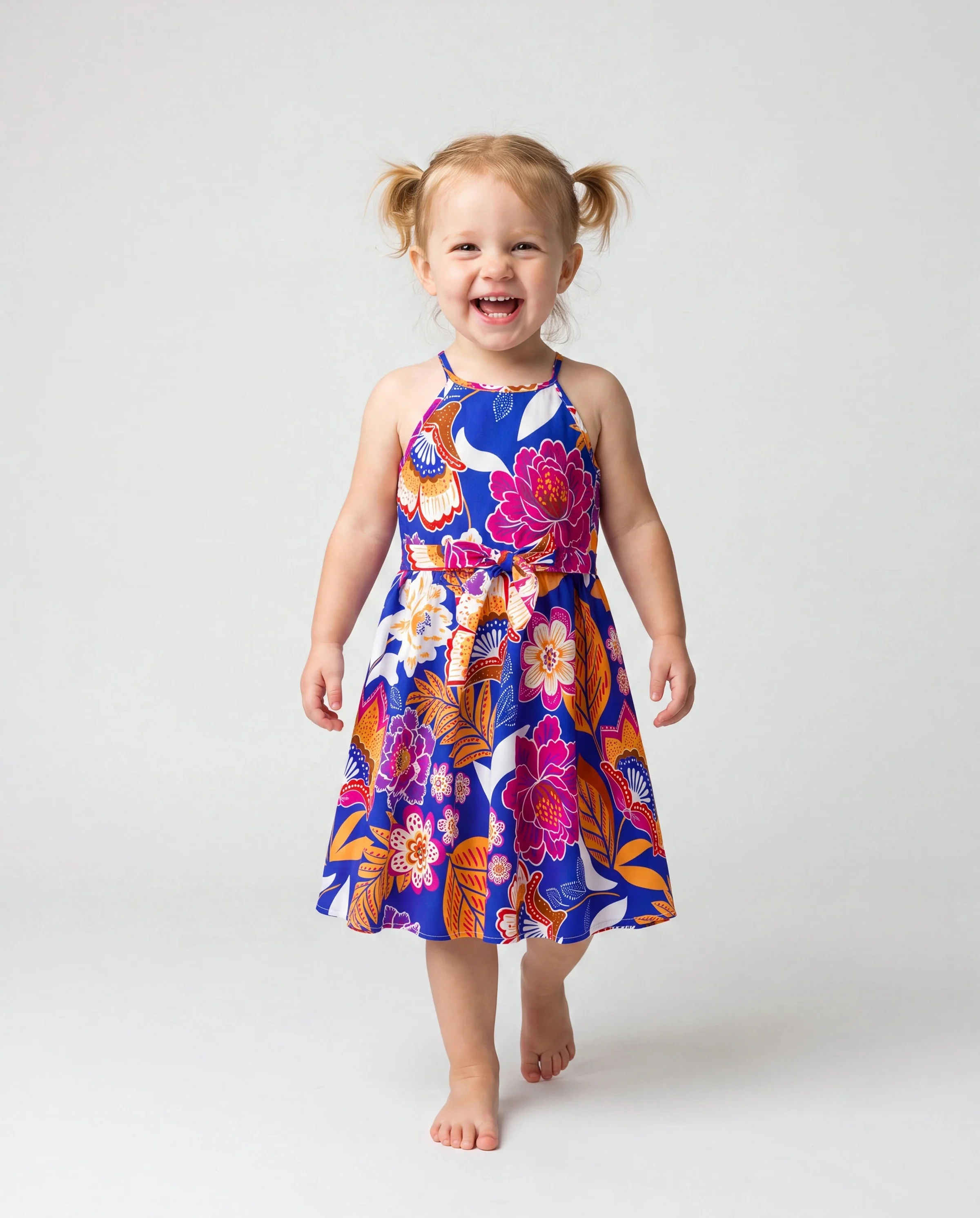 Mommy & me Hawaiian Outfits Tropical Floral Print Vacation Clothes Strap Belted Dress Navy - Image 3