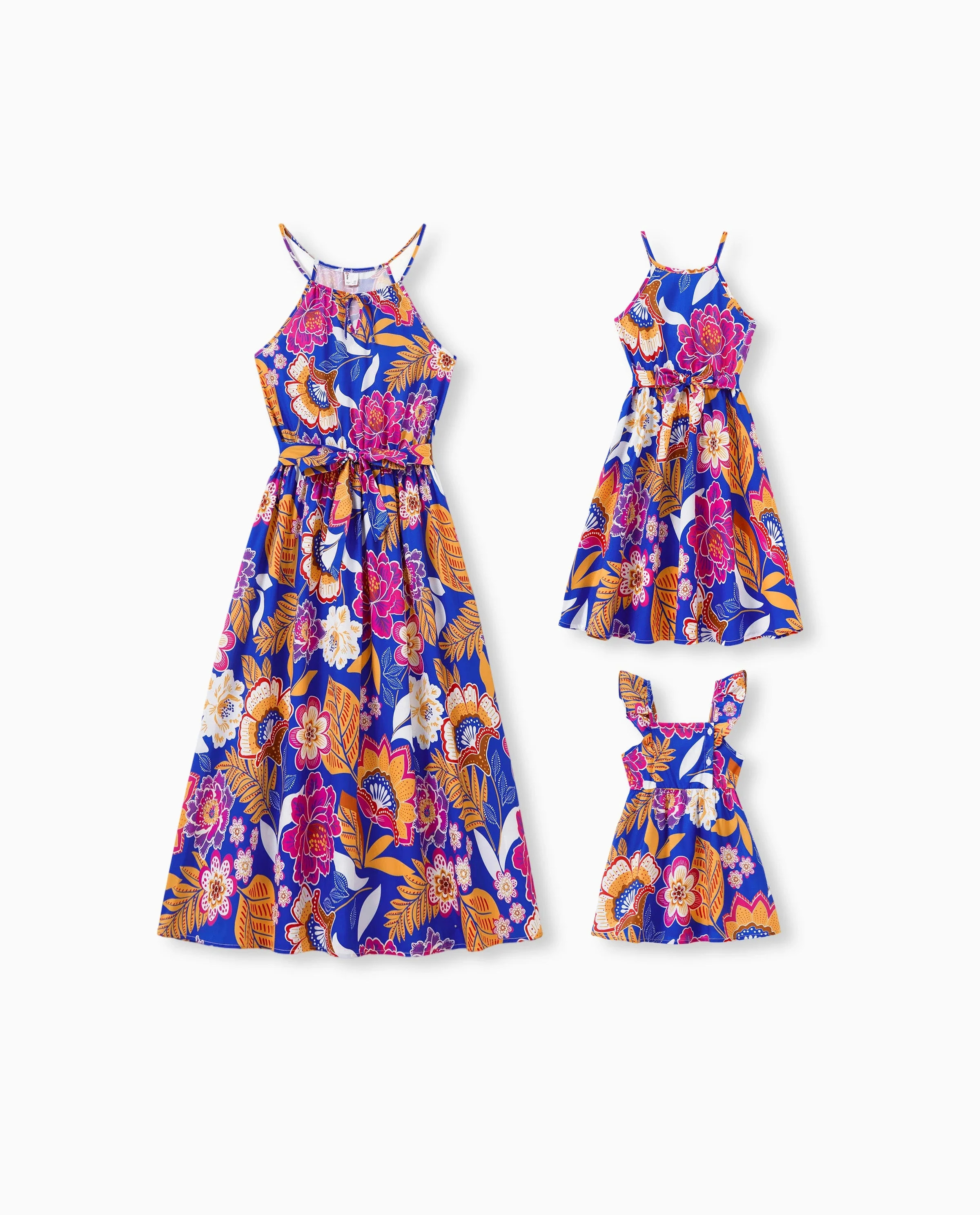 Mommy & me Hawaiian Outfits Tropical Floral Print Vacation Clothes Strap Belted Dress Navy - Image 7