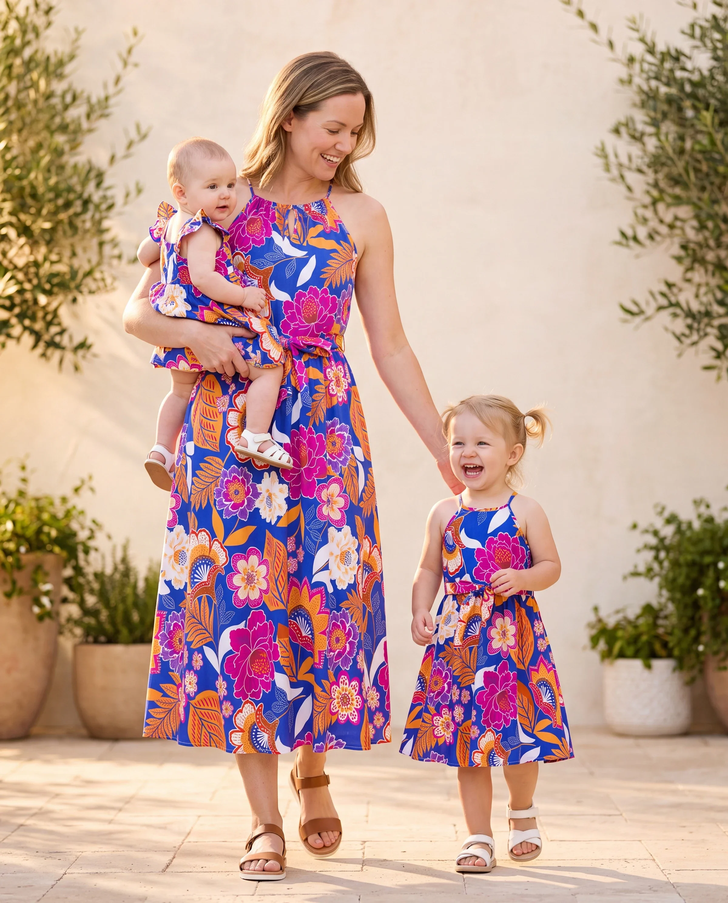 Mommy & me Hawaiian Outfits Tropical Floral Print Vacation Clothes Strap Belted Dress Navy - Image 8