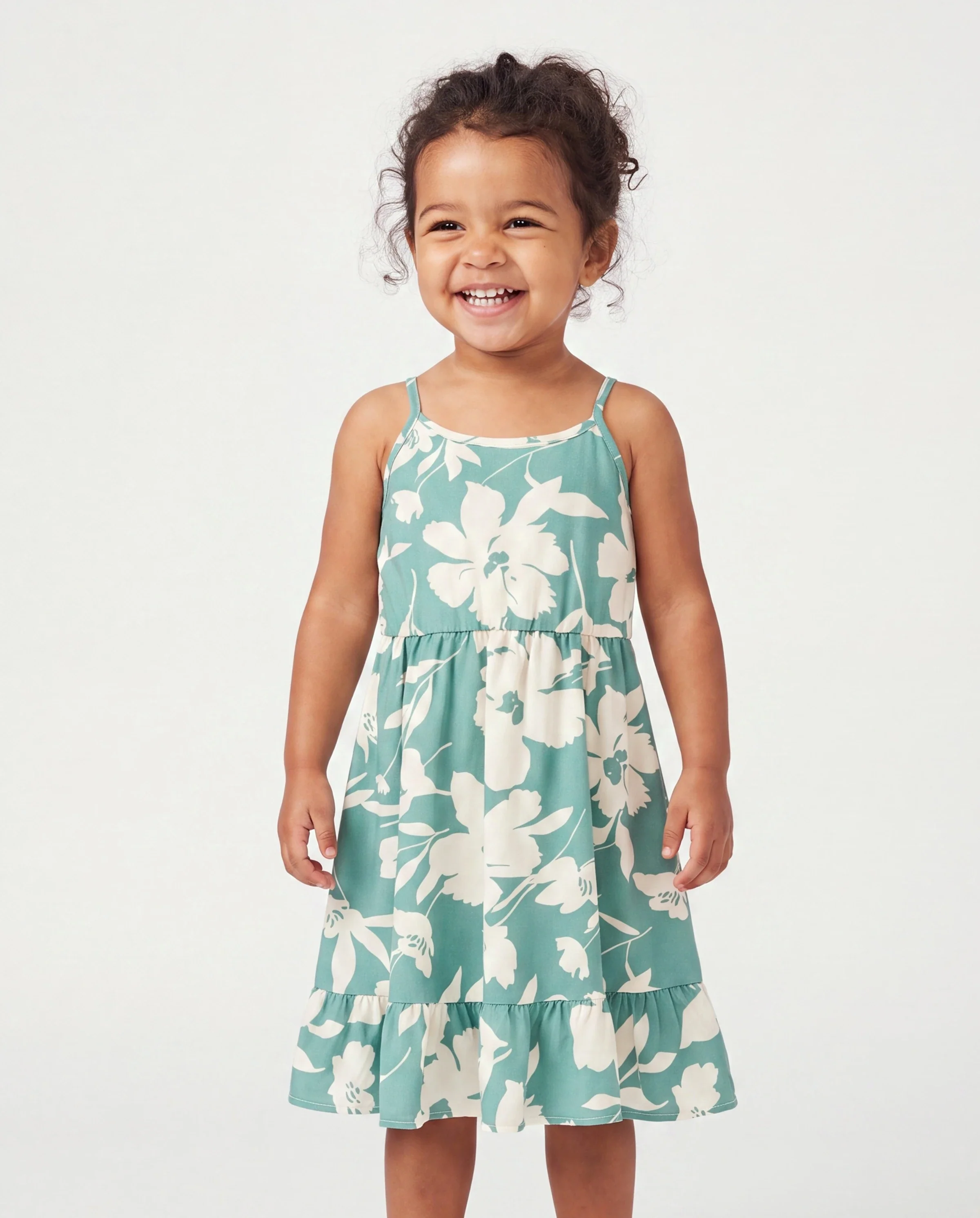 Mommy & me Leaf Print Green Sling Shirred Dress Set Green - Image 3