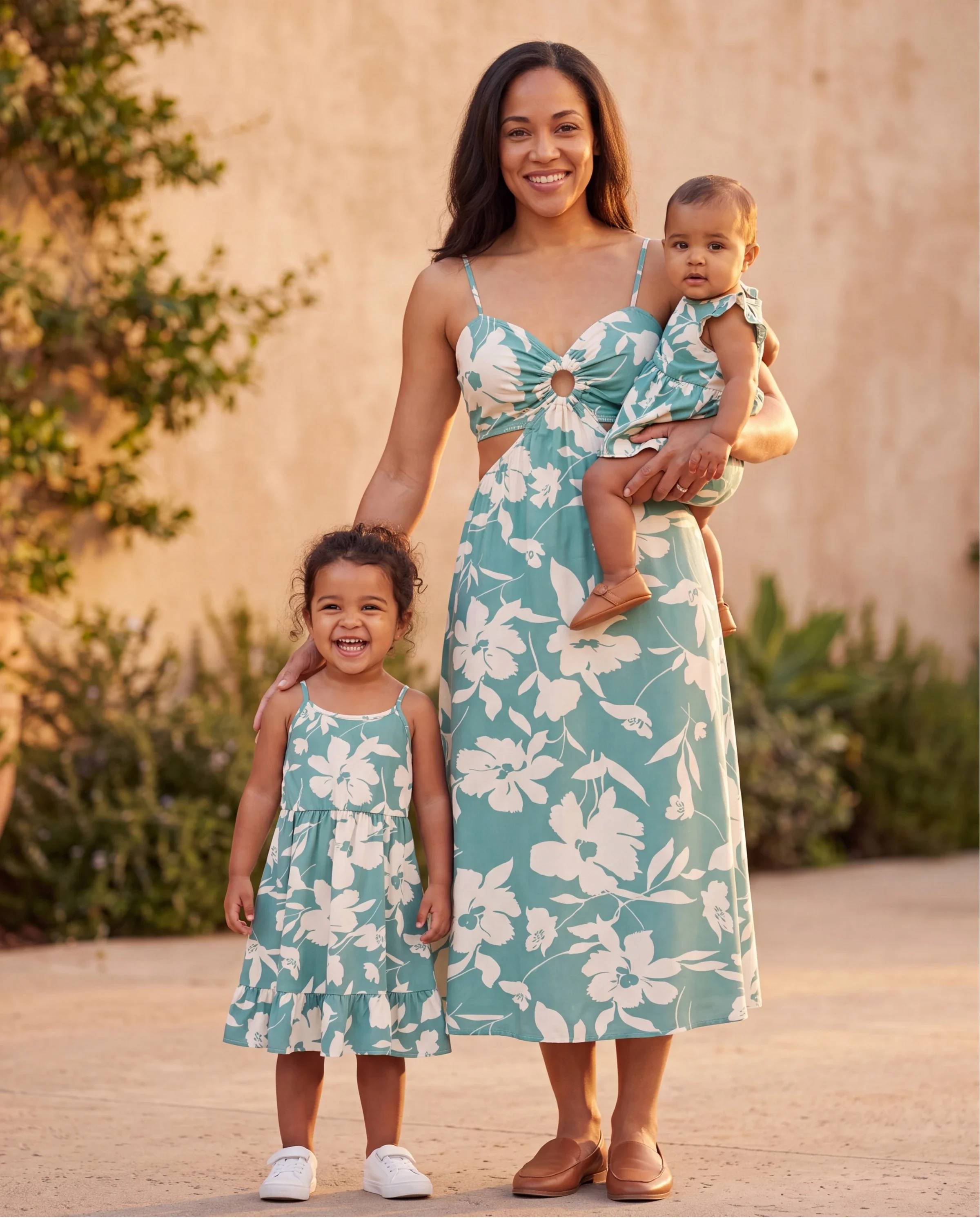 Mommy & me Leaf Print Green Sling Shirred Dress Set Green - Image 9