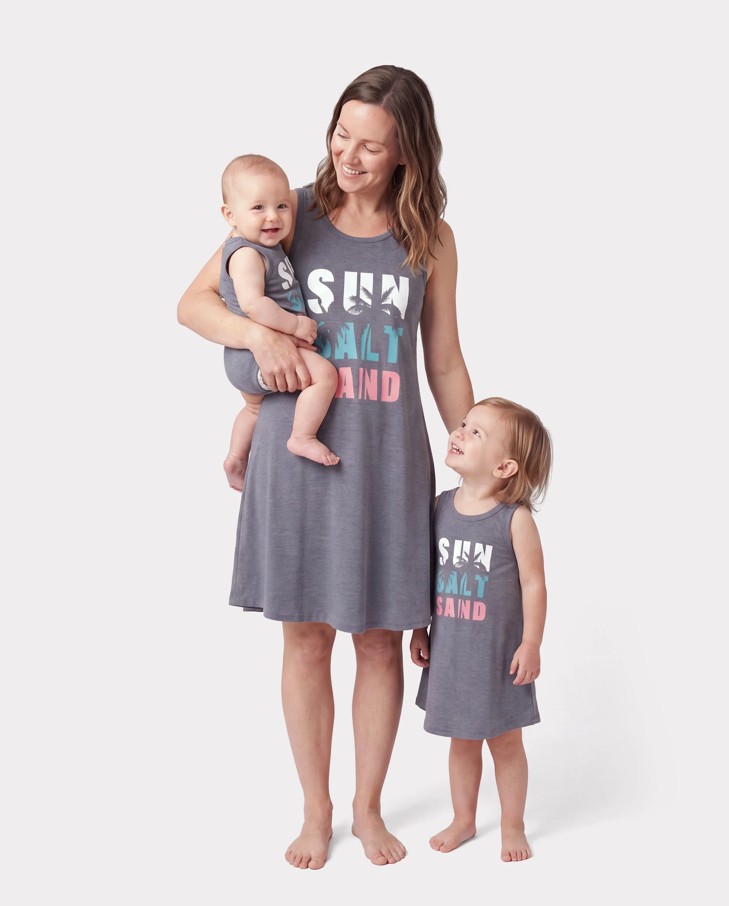 Mommy & me Letter Print Sleeveless Tank Dress Set Grey