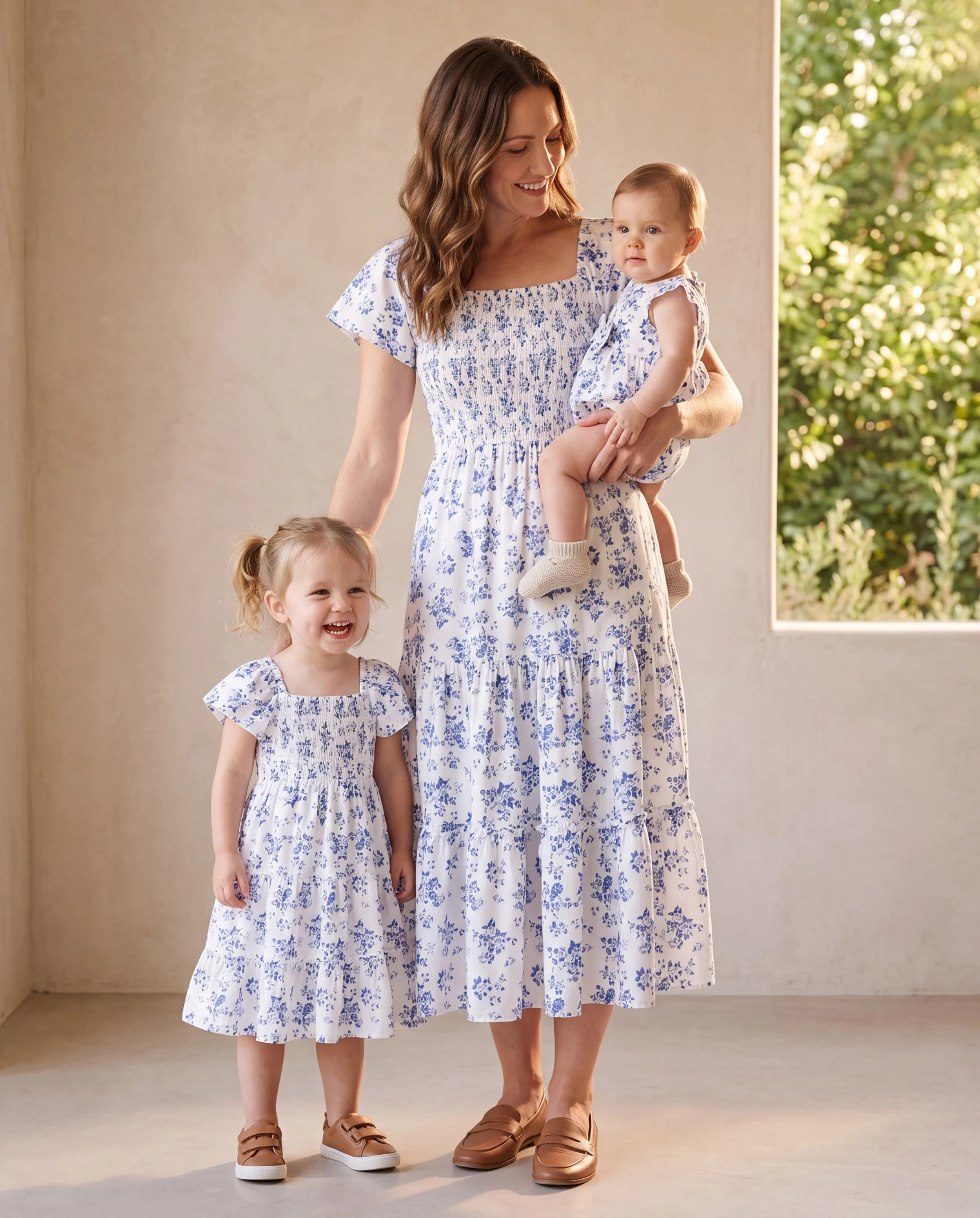 Mommy & me Outfit: Floral Smocking Casual Suit BLUEWHITE - Image 9