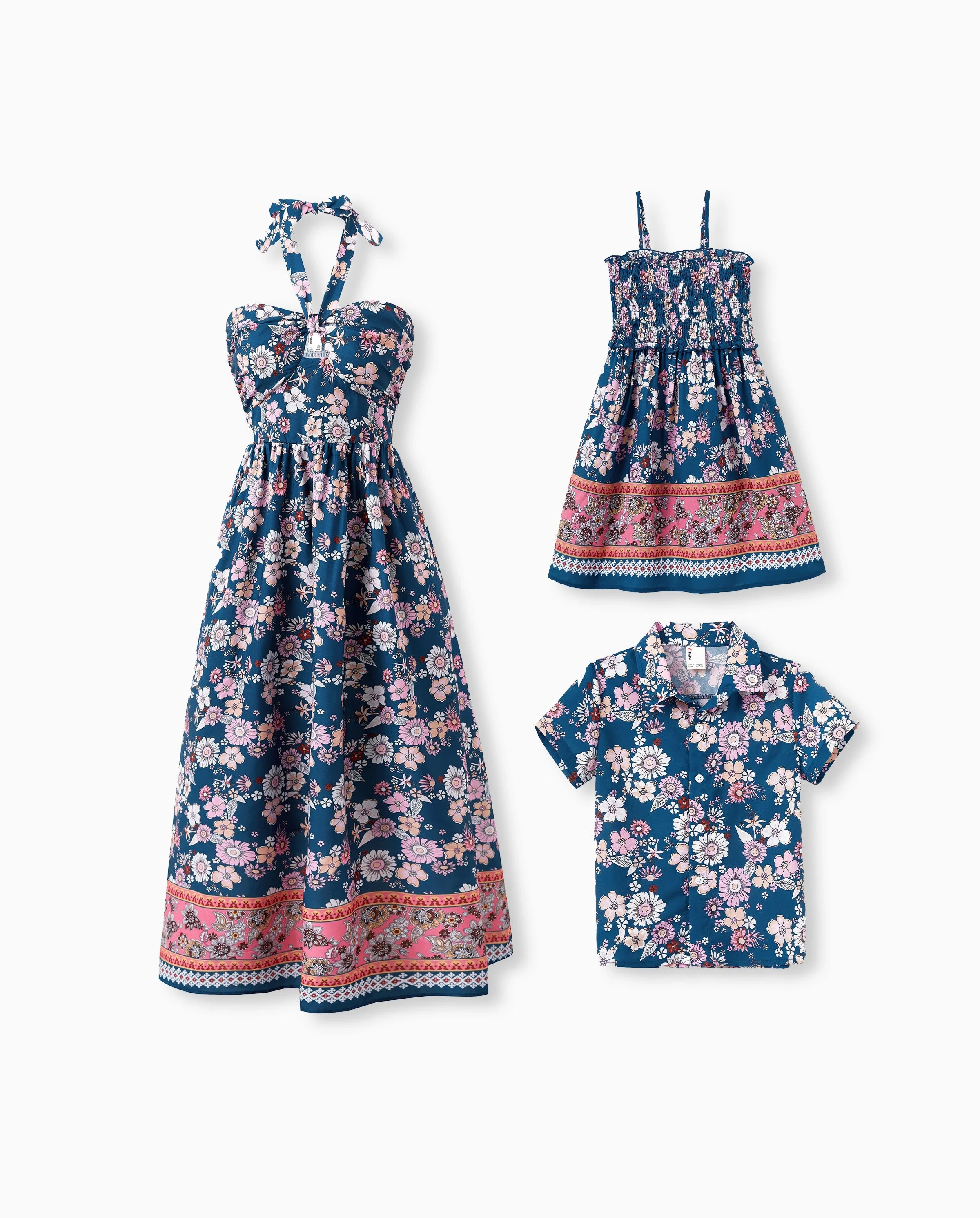 Mommy & me outfits Floral Allover Print Short-sleeve Collar Shirt or Halter Sleeveless Dress for Summer Vacation CYAN- - Image 8