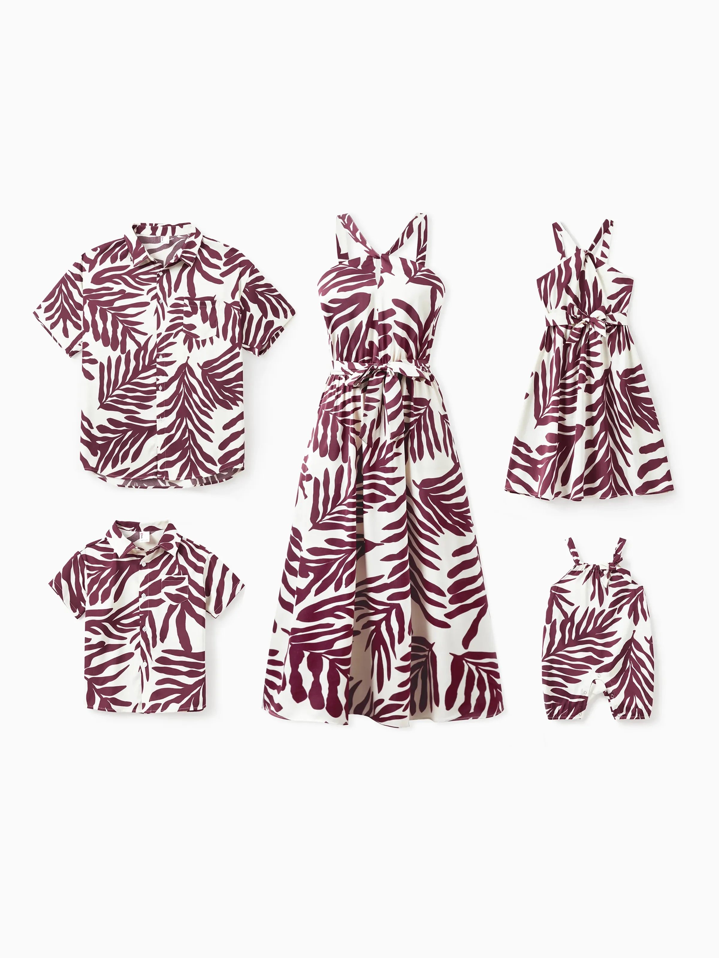 Mommy & me Outfits Red Leaf Print Shirts and Strap Belted Dress for Hawaii/Cruise/Resort/Casual Wear White - Image 2