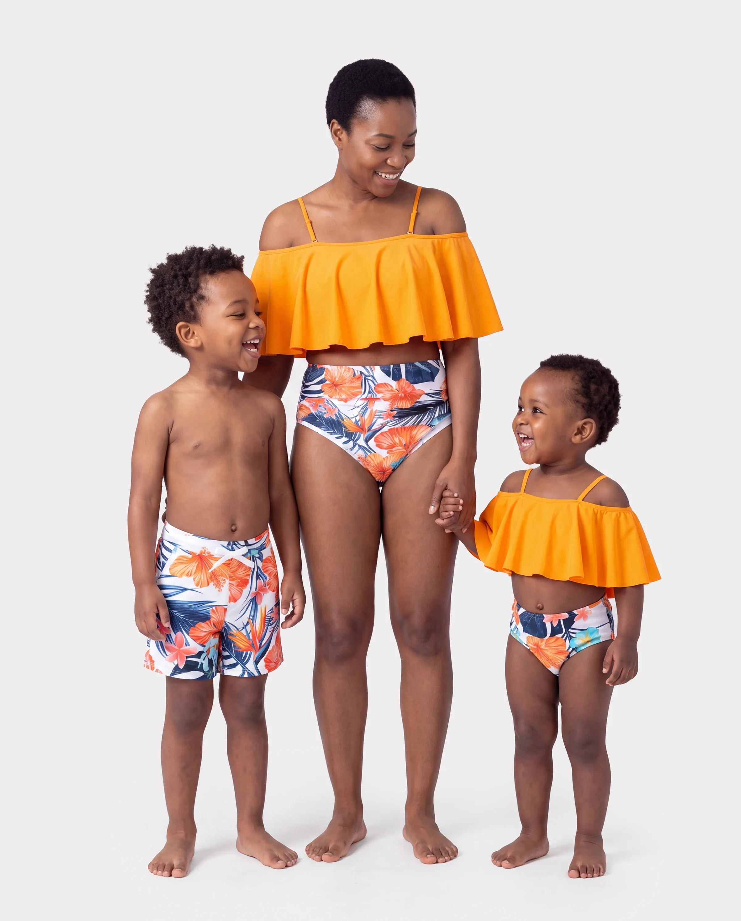 Mommy & me Swimwear Tropical Floral Bikini Set with Ruffle Top for Mom & Daughter, Board Shorts for Dad & Son, Bright Summer Beach Outfits Orange