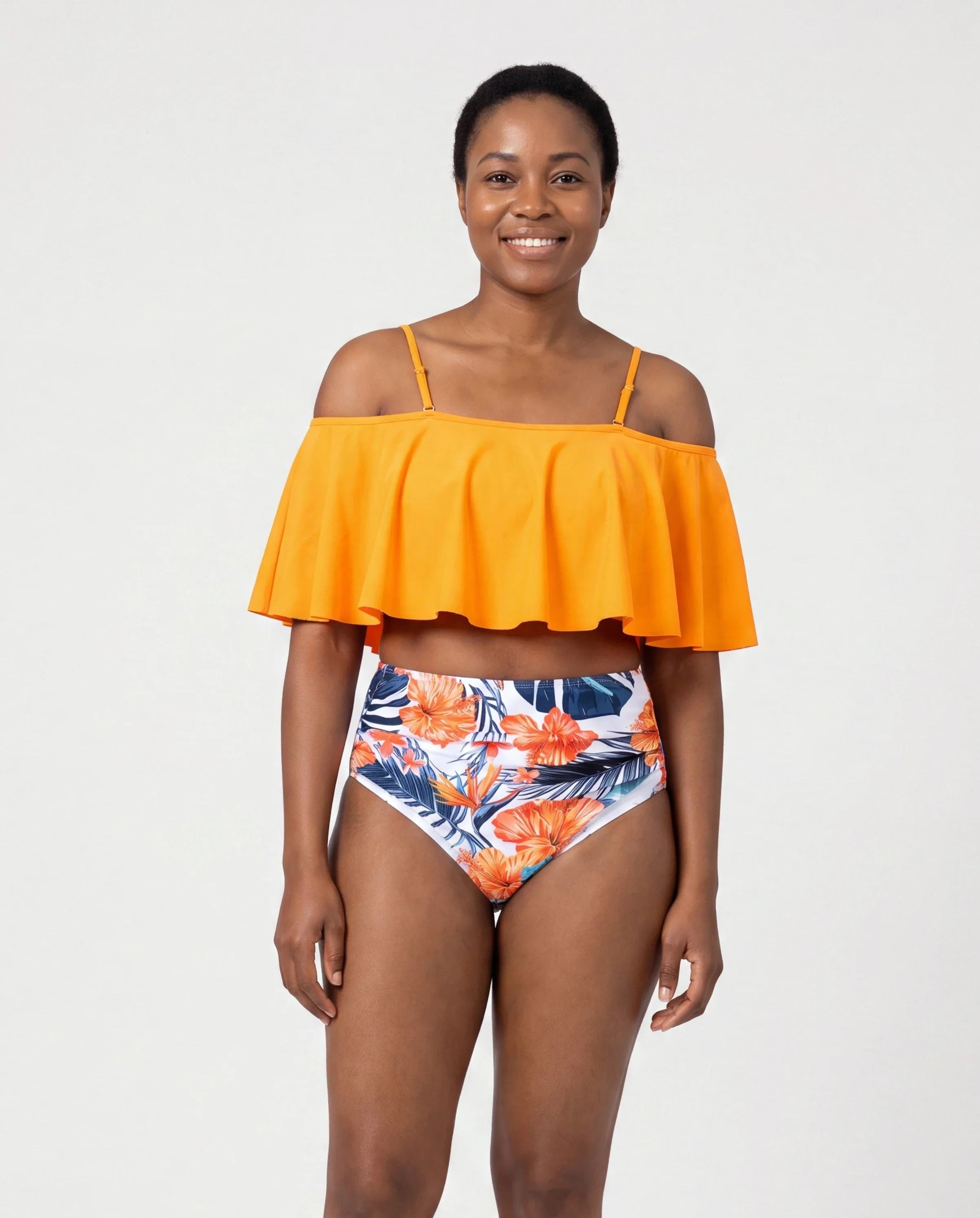 Mommy & me Swimwear Tropical Floral Bikini Set with Ruffle Top for Mom & Daughter, Board Shorts for Dad & Son, Bright Summer Beach Outfits Orange - Image 2