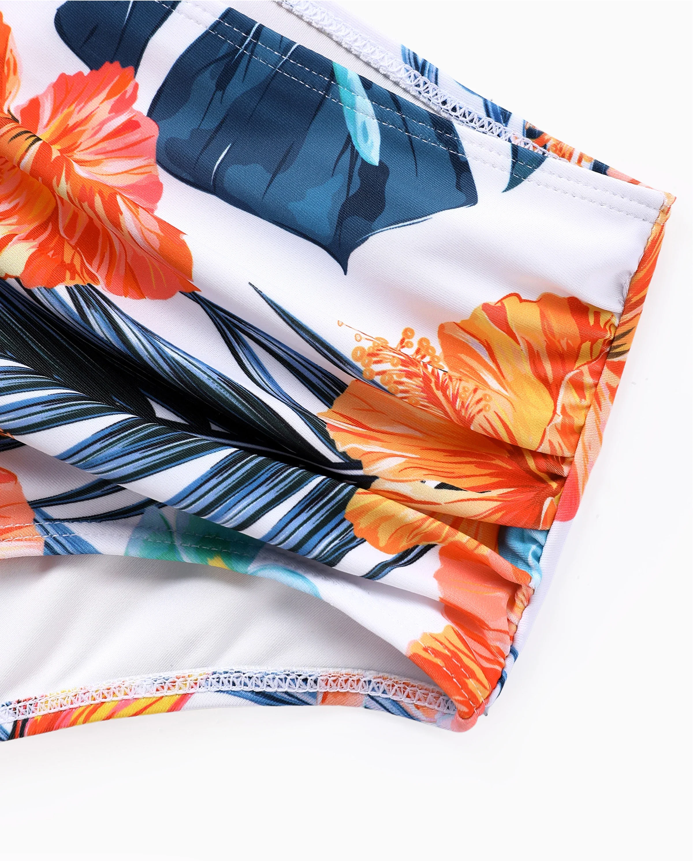 Mommy & me Swimwear Tropical Floral Bikini Set with Ruffle Top for Mom & Daughter, Board Shorts for Dad & Son, Bright Summer Beach Outfits Orange - Image 6