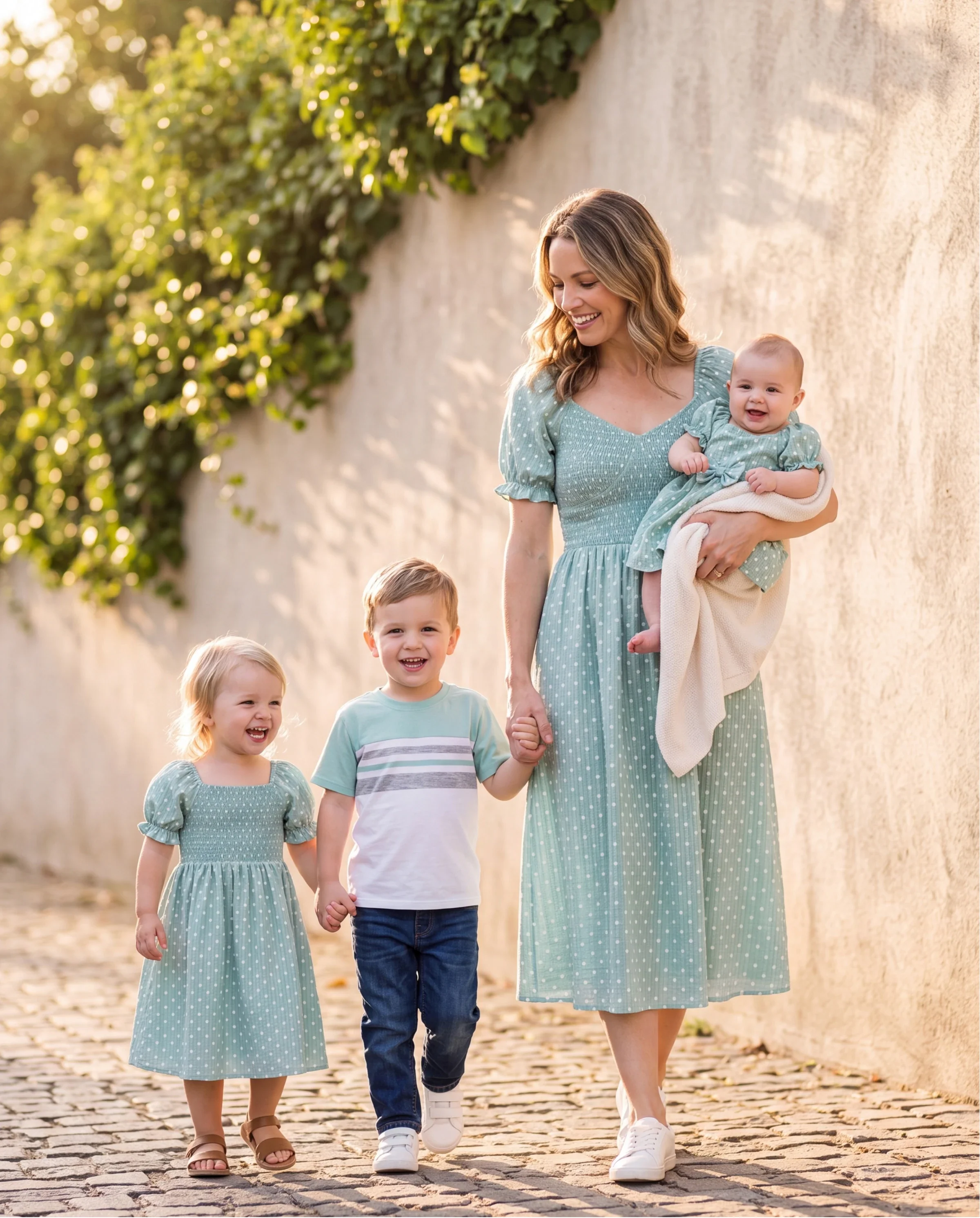 Mommy & me T-Shirt & Dress Set Polka Dot Puff-sleeve Dress for Mom, Daughter & Baby, Color Block Cotton Tee for Dad & Son, Perfect for Family Outings & Photos Light Green - Image 10
