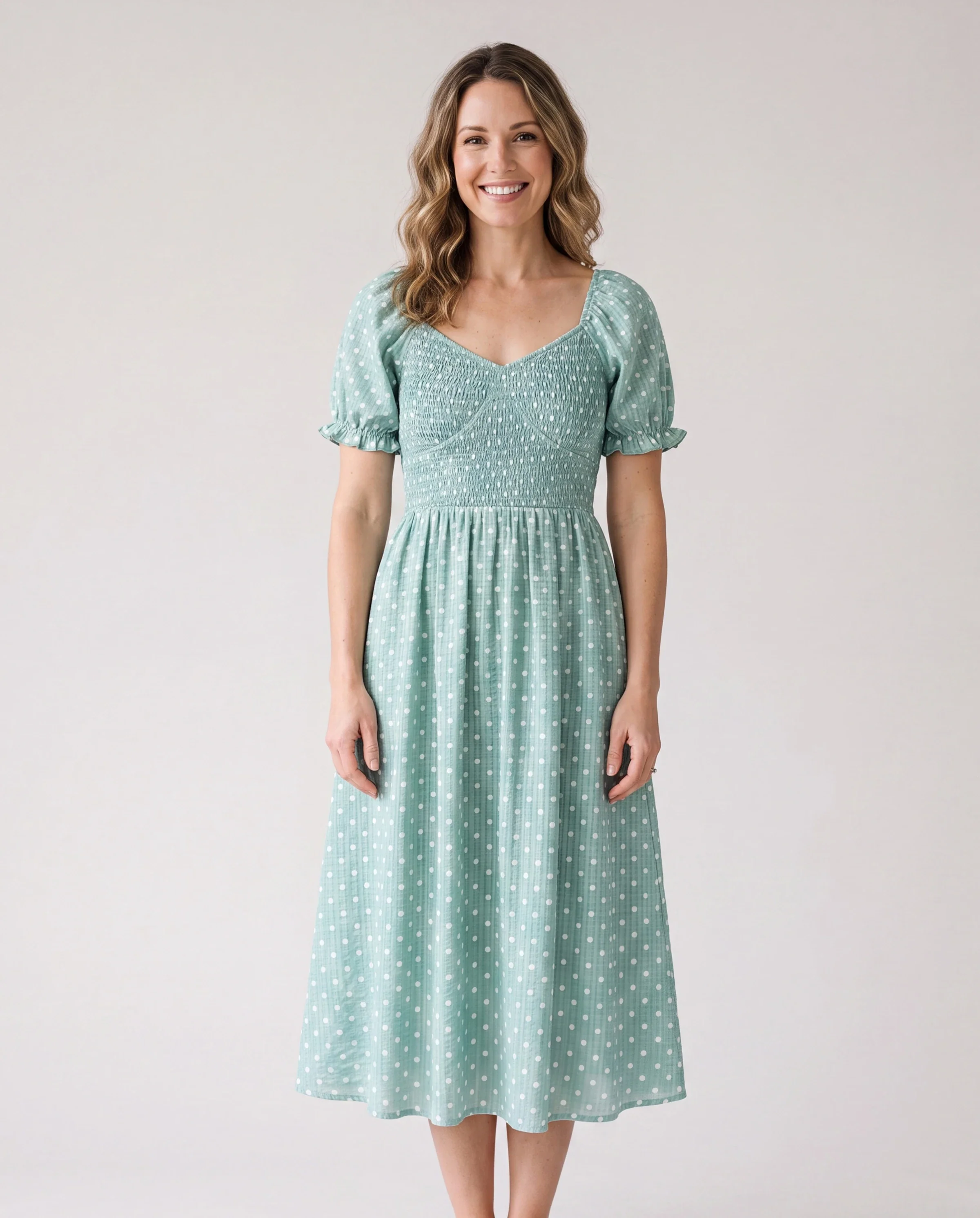 Mommy & me T-Shirt & Dress Set Polka Dot Puff-sleeve Dress for Mom, Daughter & Baby, Color Block Cotton Tee for Dad & Son, Perfect for Family Outings & Photos Light Green - Image 2