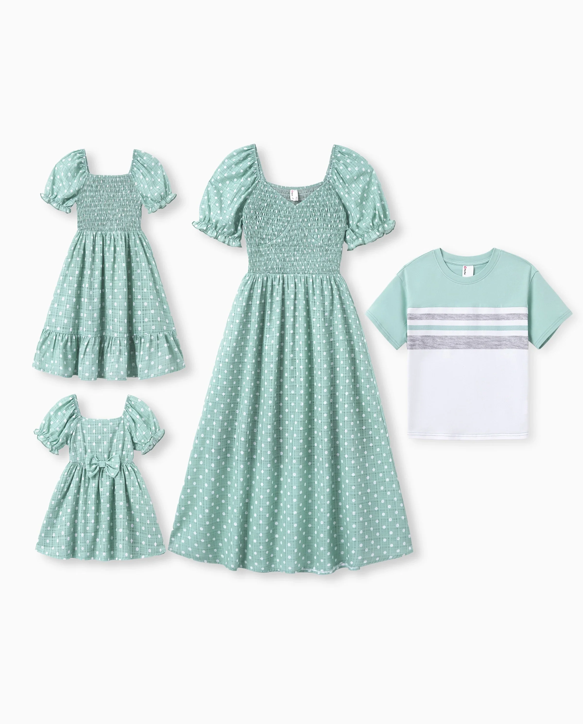 Mommy & me T-Shirt & Dress Set Polka Dot Puff-sleeve Dress for Mom, Daughter & Baby, Color Block Cotton Tee for Dad & Son, Perfect for Family Outings & Photos Light Green - Image 9