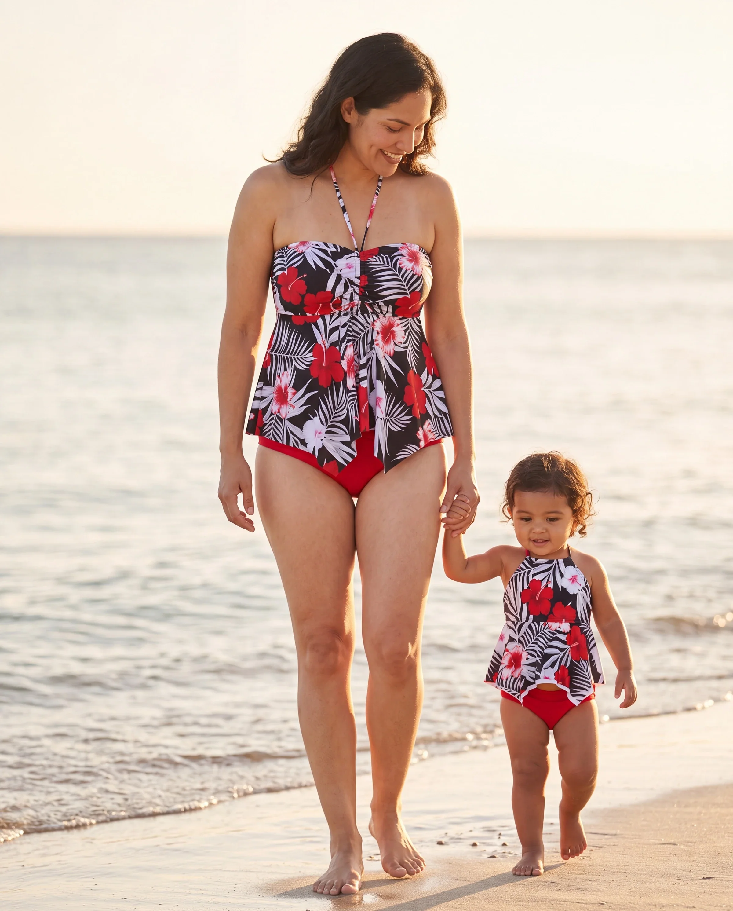Mommy & me Tropical Floral 2 Pieces Halter Swimsuit Black - Image 8