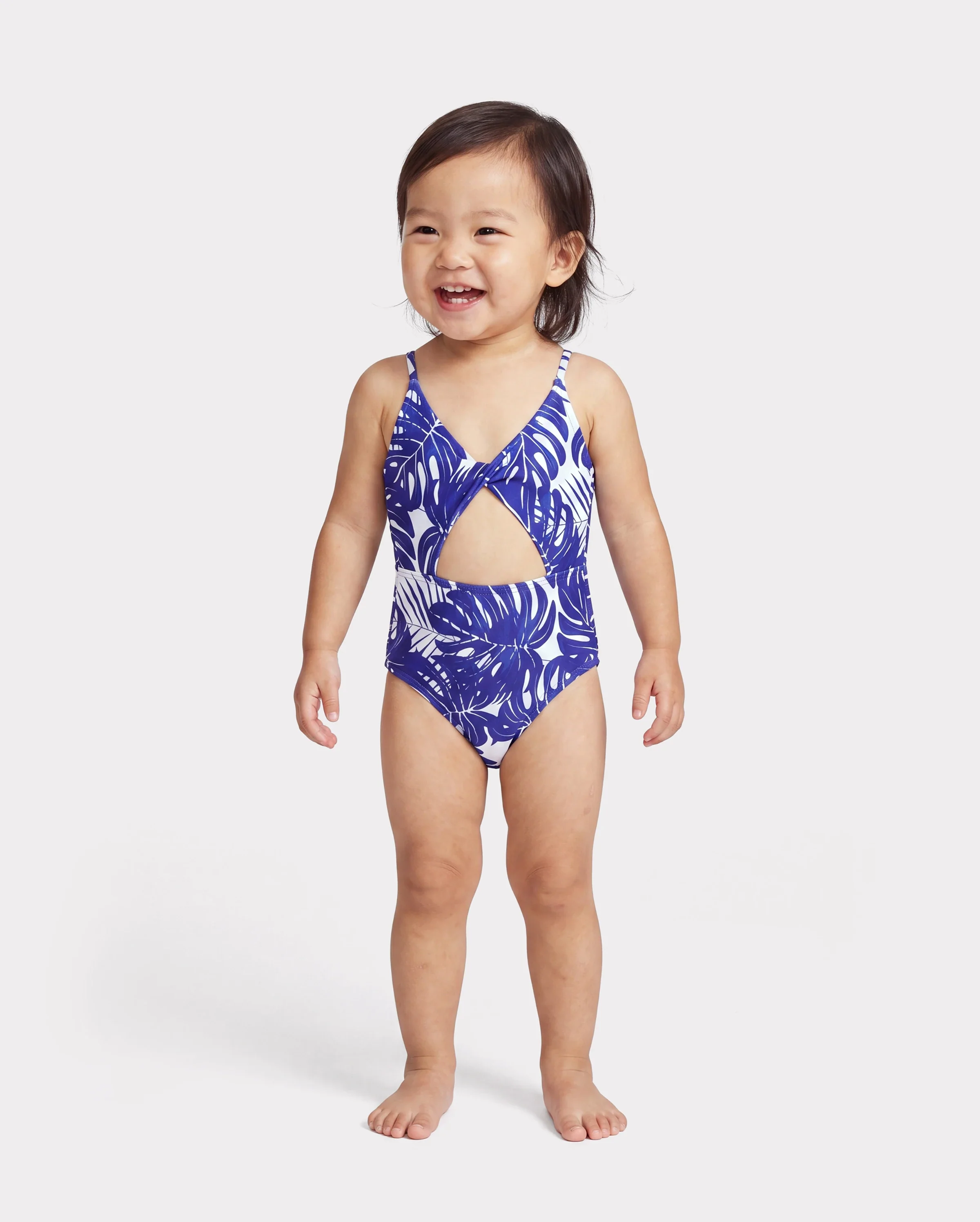 Mommy & me Tropical Leaf Print Hollow-out Crisscross Straps One-piece Swimsuit Blue - Image 3