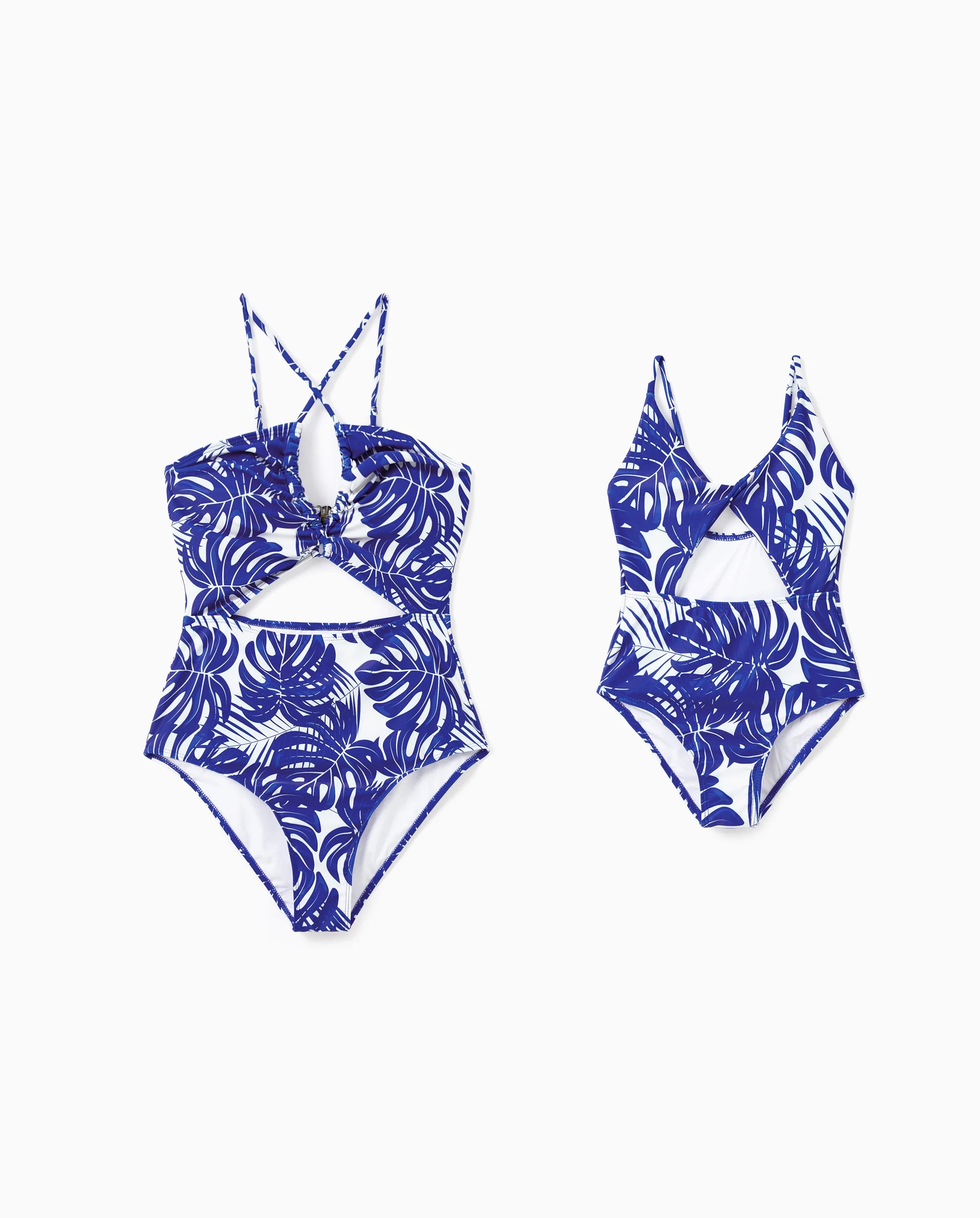 Mommy & me Tropical Leaf Print Hollow-out Crisscross Straps One-piece Swimsuit Blue - Image 7