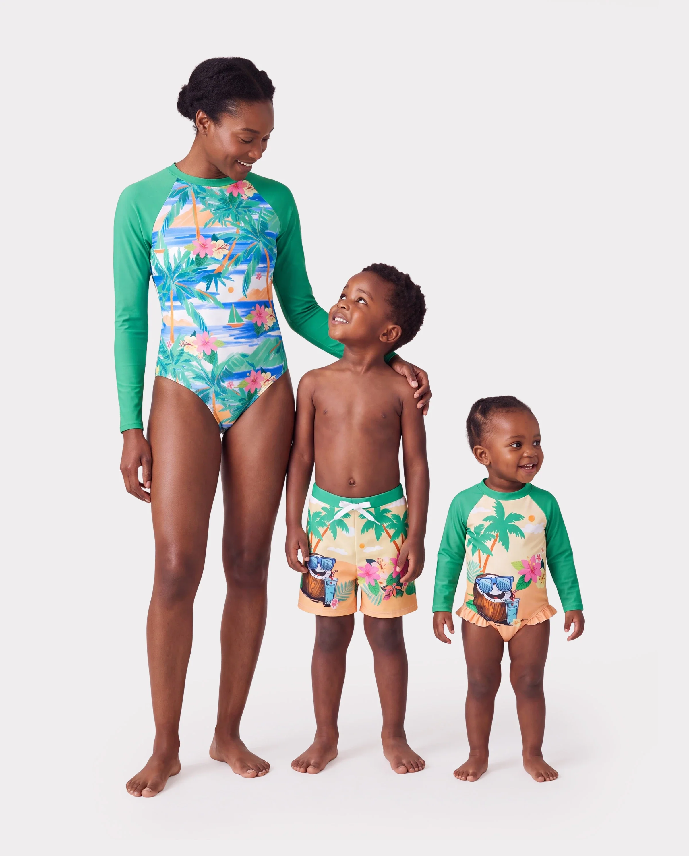 Mommy & me Tropical Palm Print Swim Trunks or Long Sleeve Rash Guard Swimsuit Turquoise