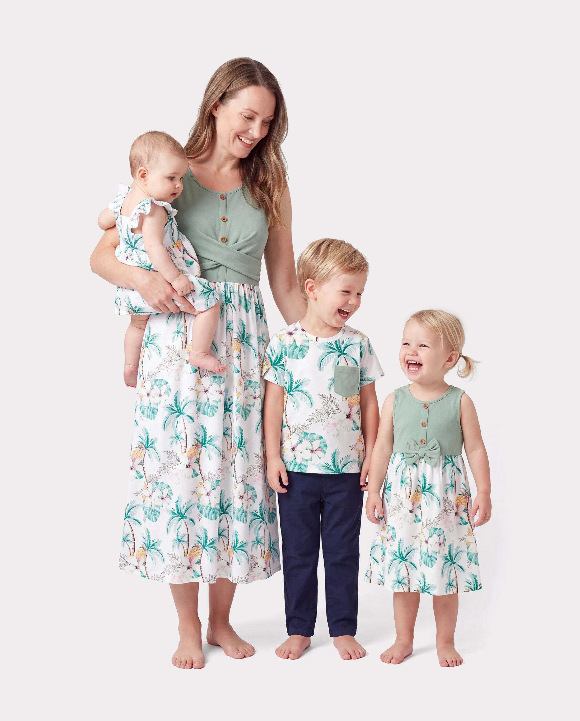 Mommy & me Tropical Print Outfits Mommy & Me Tank Dress & Kids Cotton T-Shirt Set Green
