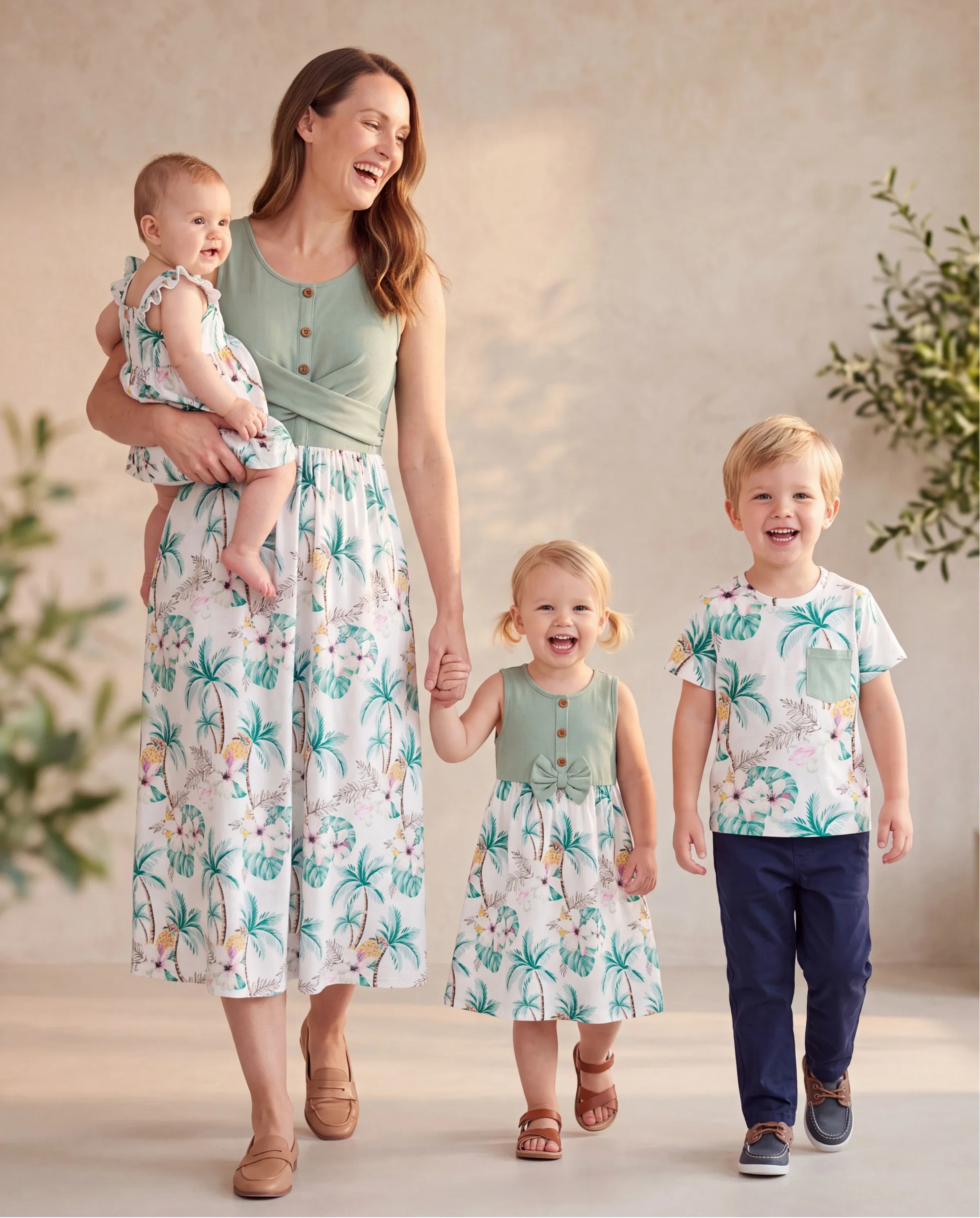 Mommy & me Tropical Print Outfits Mommy & Me Tank Dress & Kids Cotton T-Shirt Set Green - Image 10