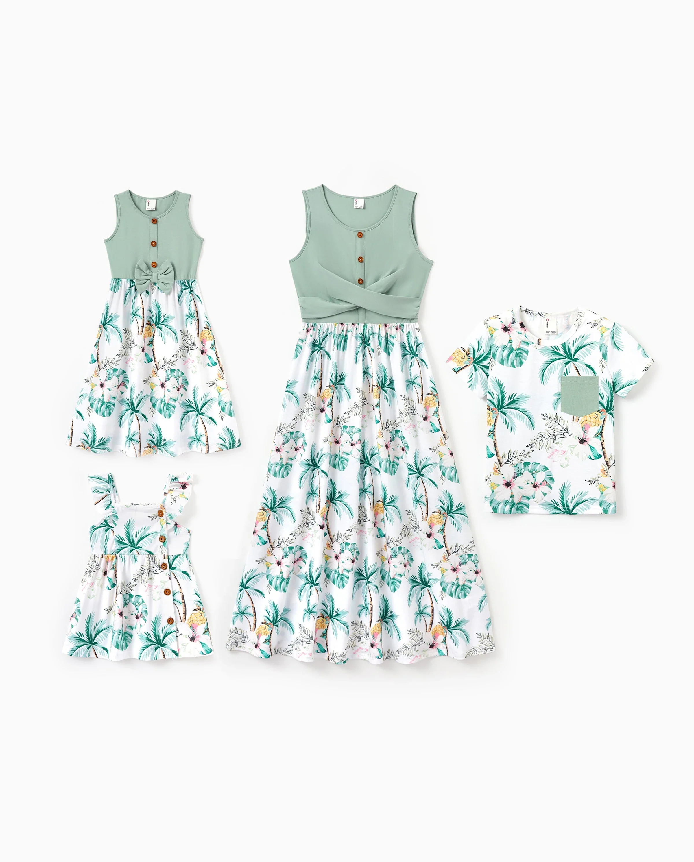 Mommy & me Tropical Print Outfits Mommy & Me Tank Dress & Kids Cotton T-Shirt Set Green - Image 9