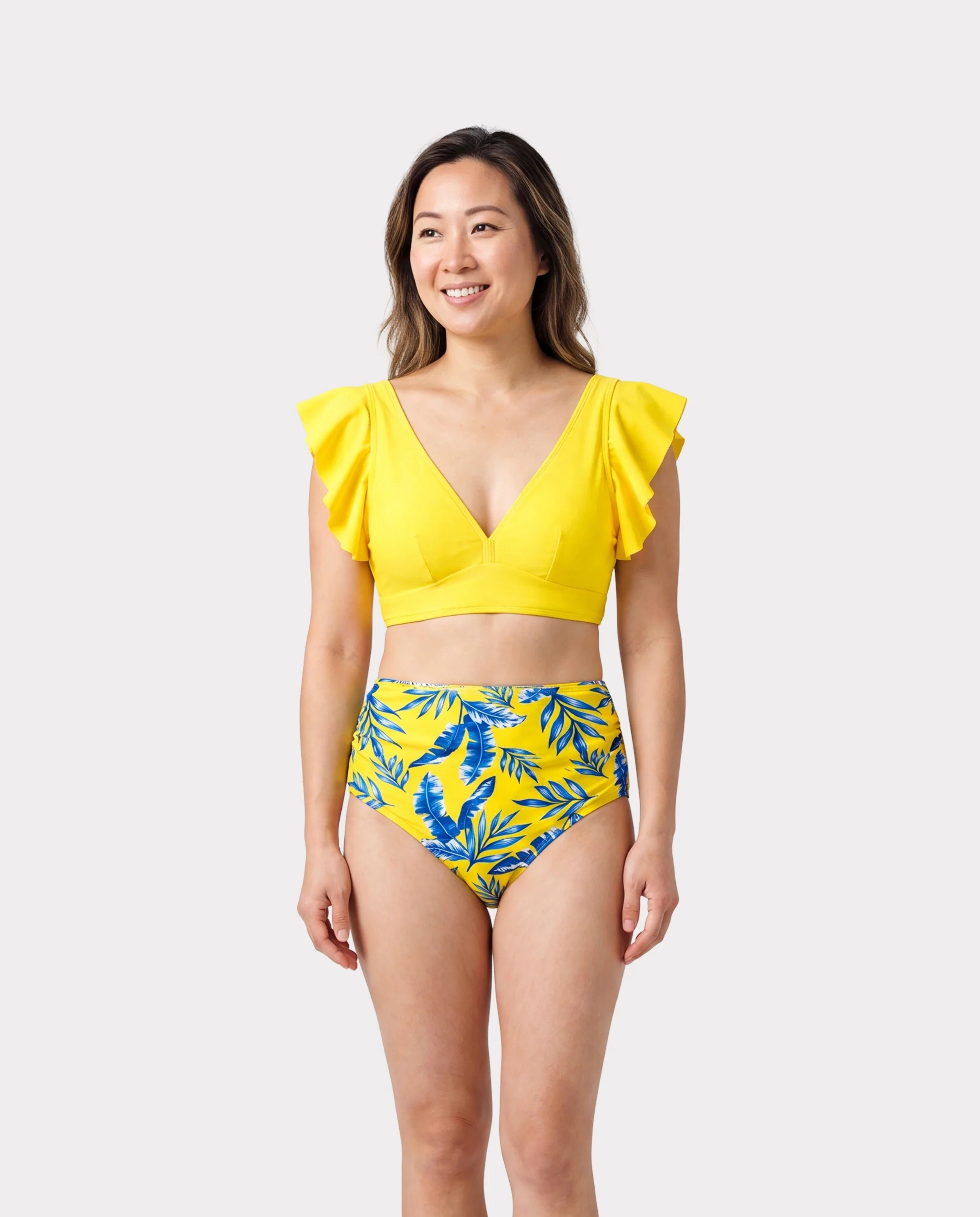Mommy & me Yellow Leaf Print Ruched Flutter Sleeve Bikini with Optional Swim Cover Up Yellow - Image 2