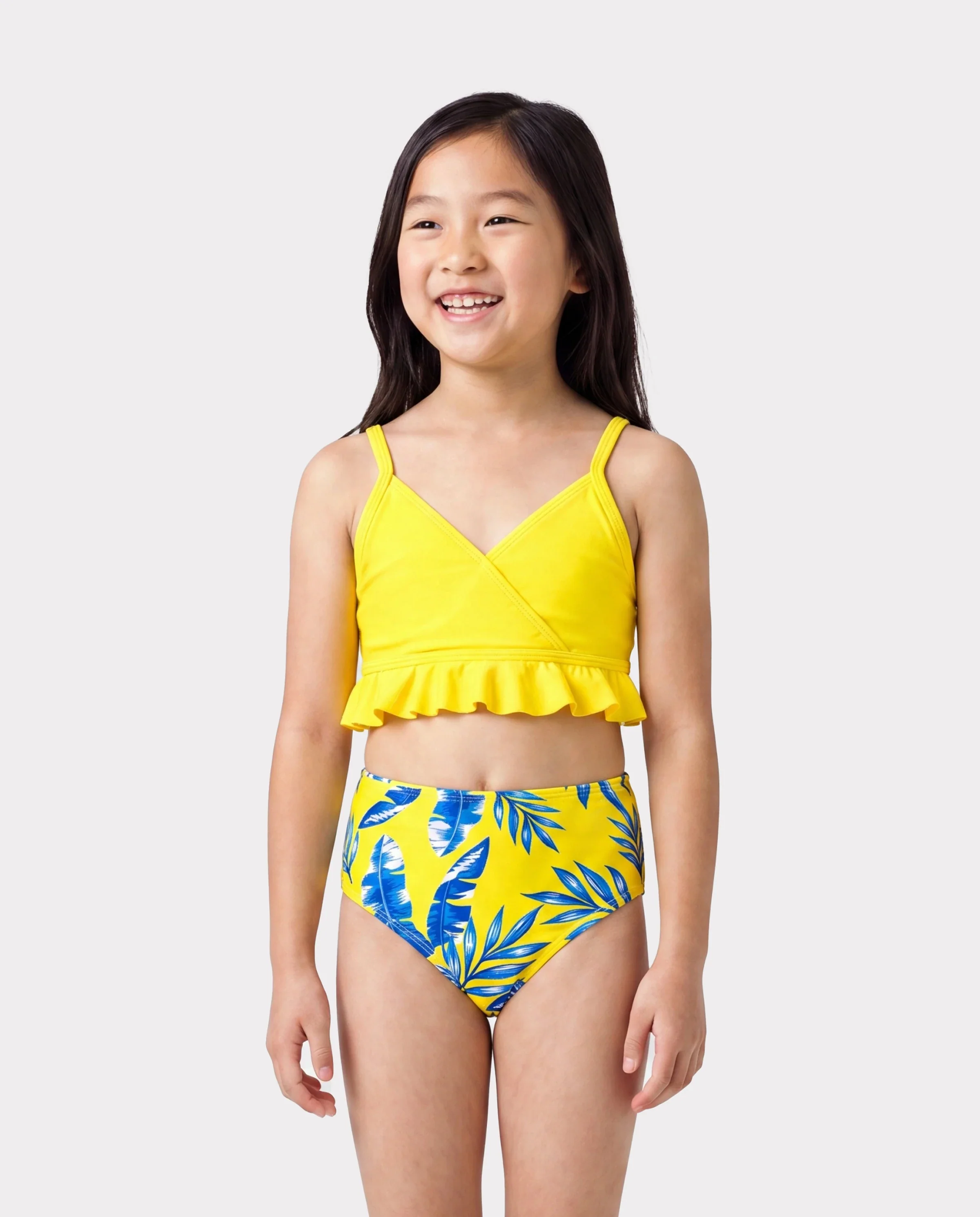 Mommy & me Yellow Leaf Print Ruched Flutter Sleeve Bikini with Optional Swim Cover Up Yellow - Image 3