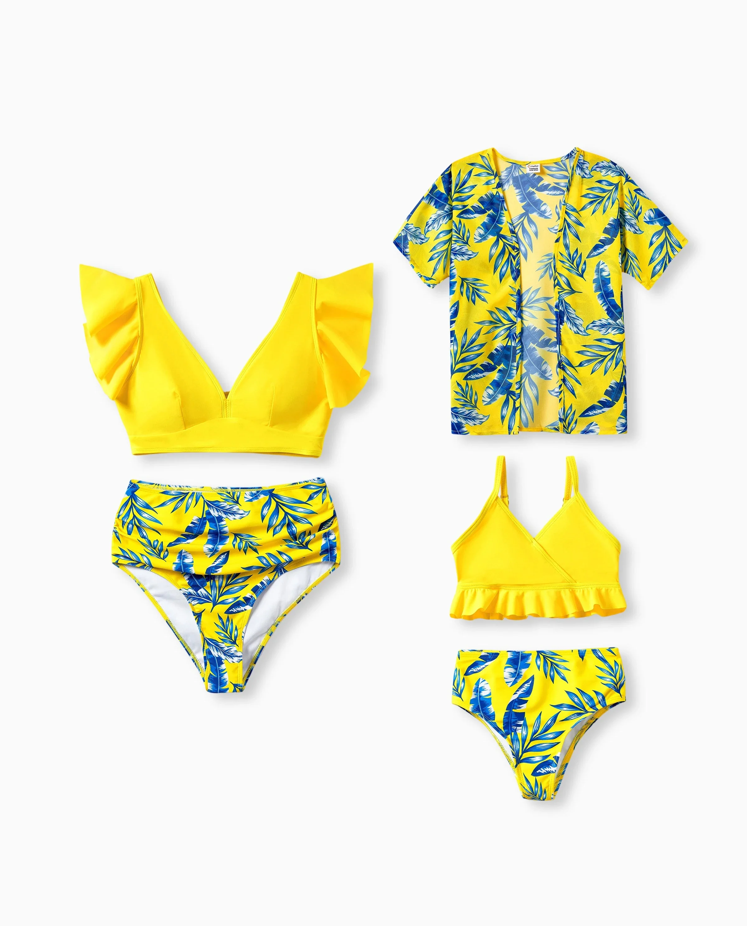 Mommy & me Yellow Leaf Print Ruched Flutter Sleeve Bikini with Optional Swim Cover Up Yellow - Image 7