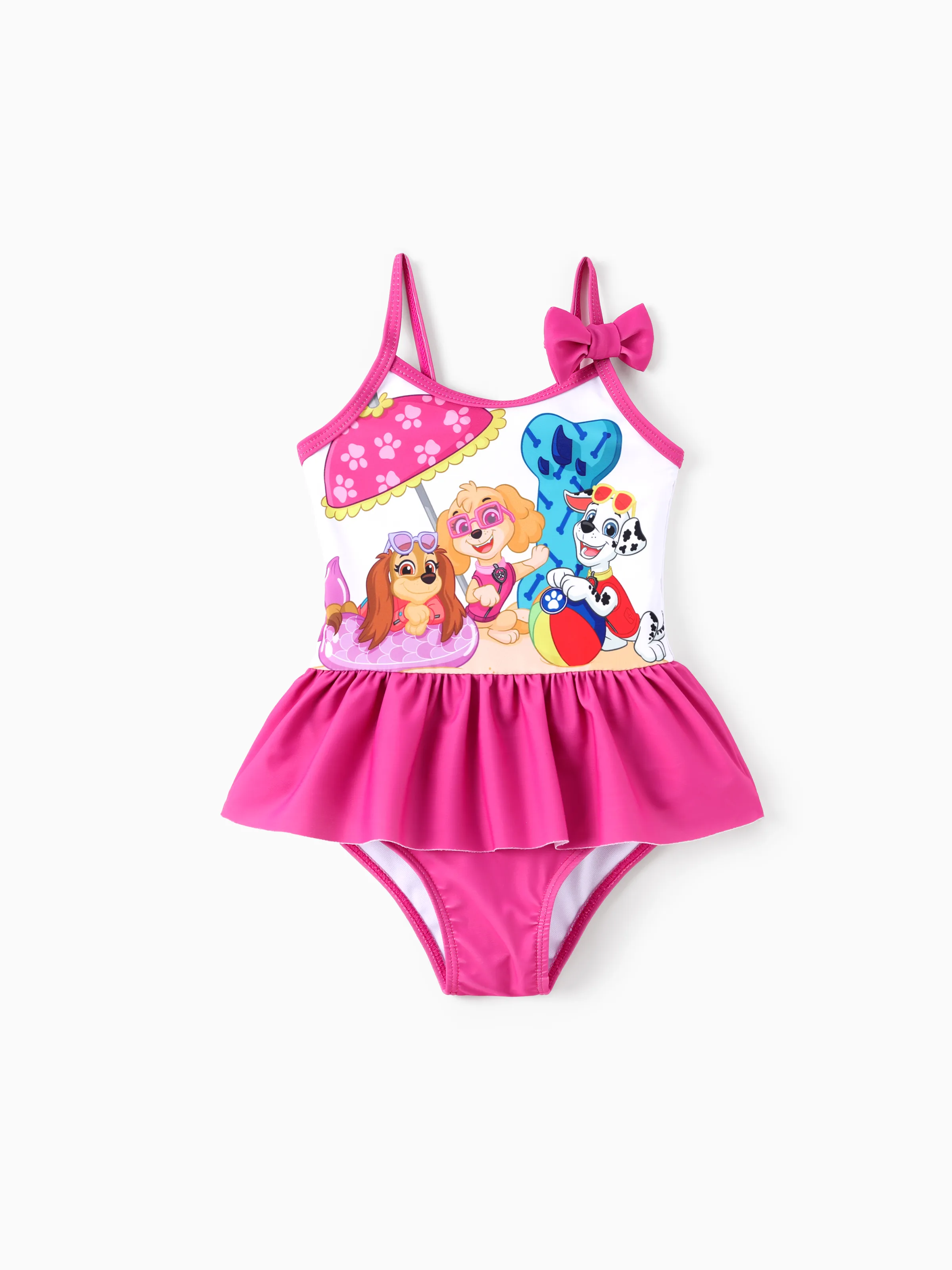 PAW Patrol Toddler Girl 1pc Marshall Skye & Liberty Bowknot Ruffled Sleeveless UPF 50+ Swimsuit Hot Pink