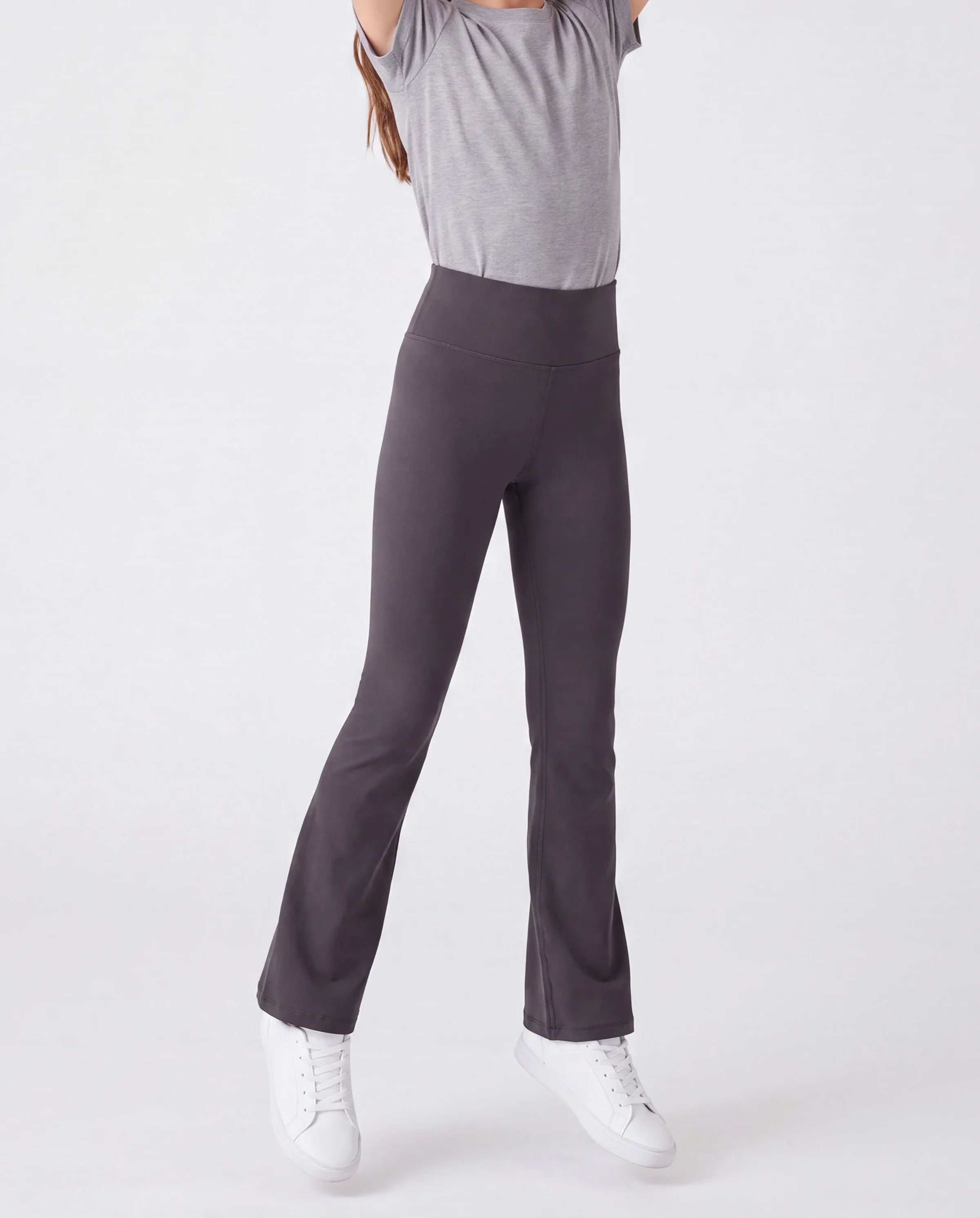 Girl's Leggings High-Waist Flared Yoga Pants with Complimentary Matching Scrunchie Dark Grey