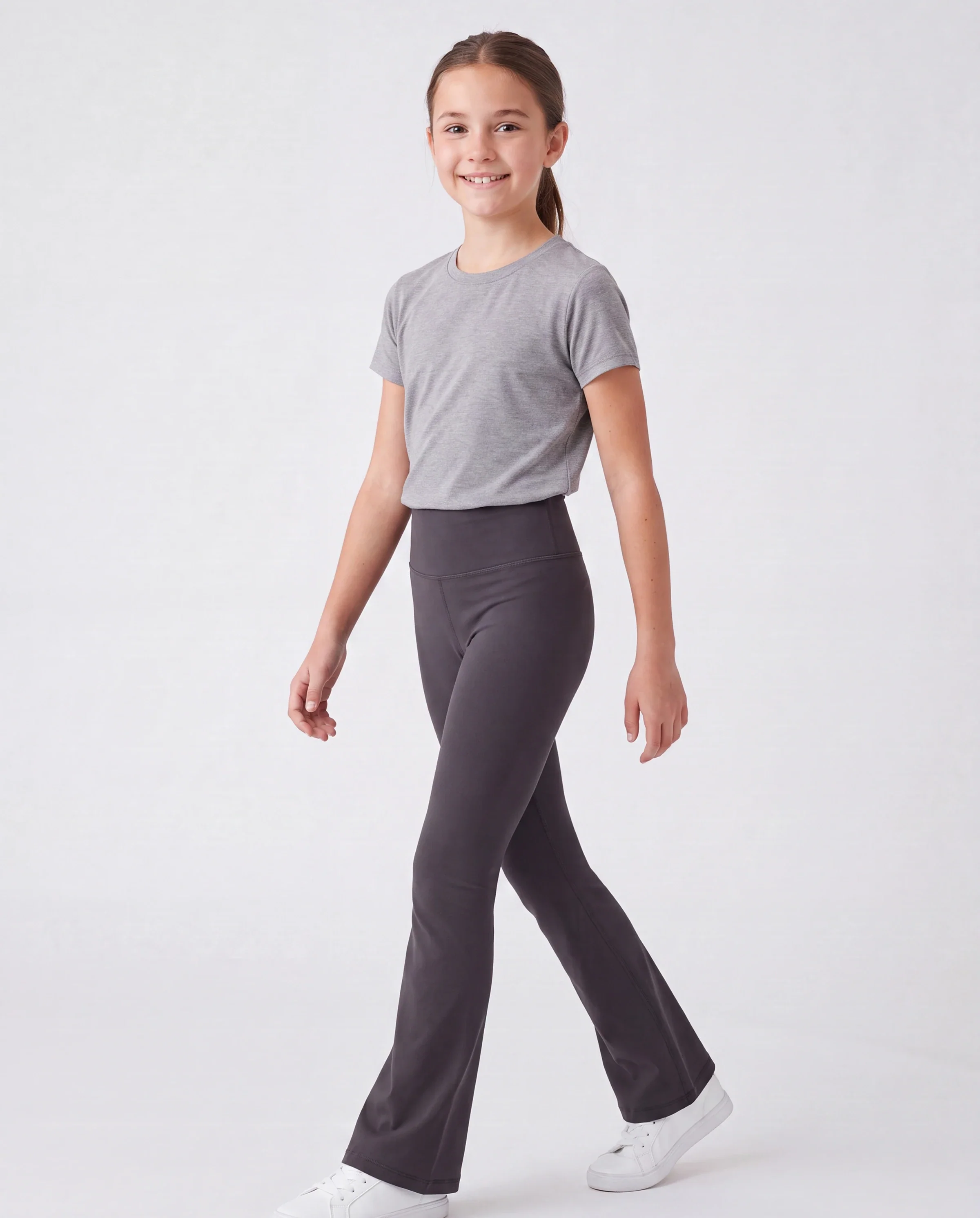 Girl's Leggings High-Waist Flared Yoga Pants with Complimentary Matching Scrunchie Dark Grey - Image 3