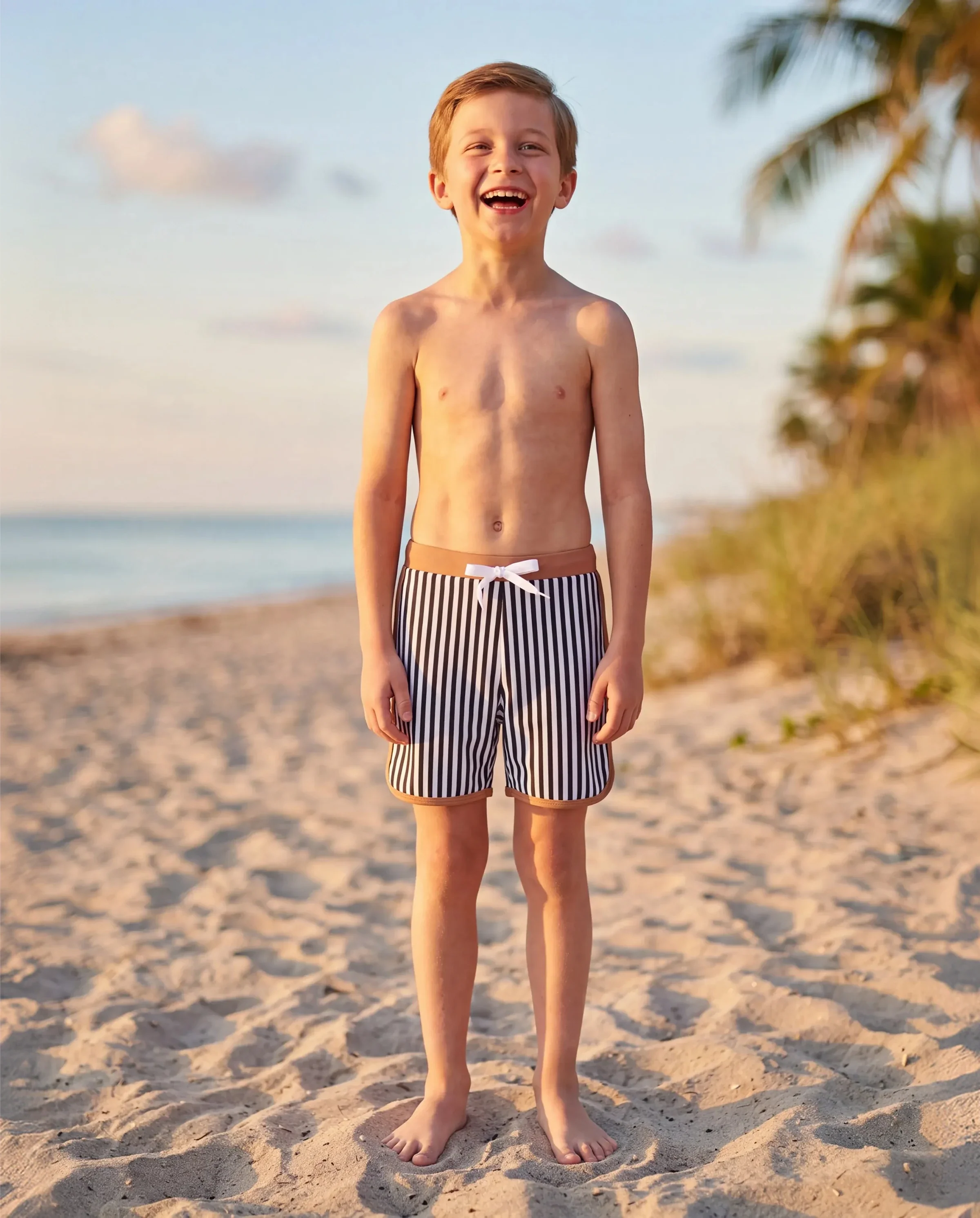 Toddler Boy Vertical Stripe Drawstring Swim Drunks Khaki - Image 8