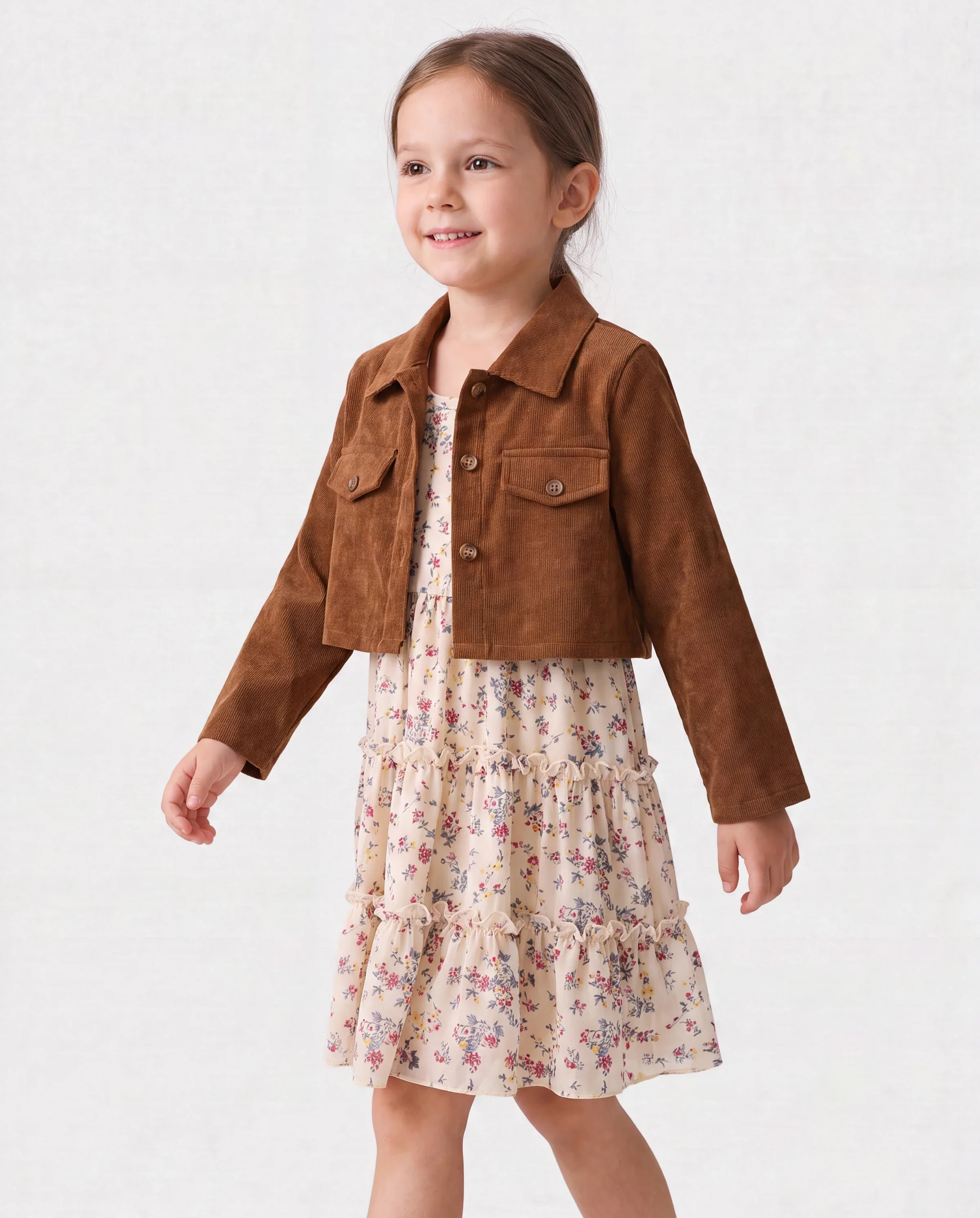 Toddler Girl 2pcs Lapel Collar Jacket and Floral Ruffled Dress Set Khaki