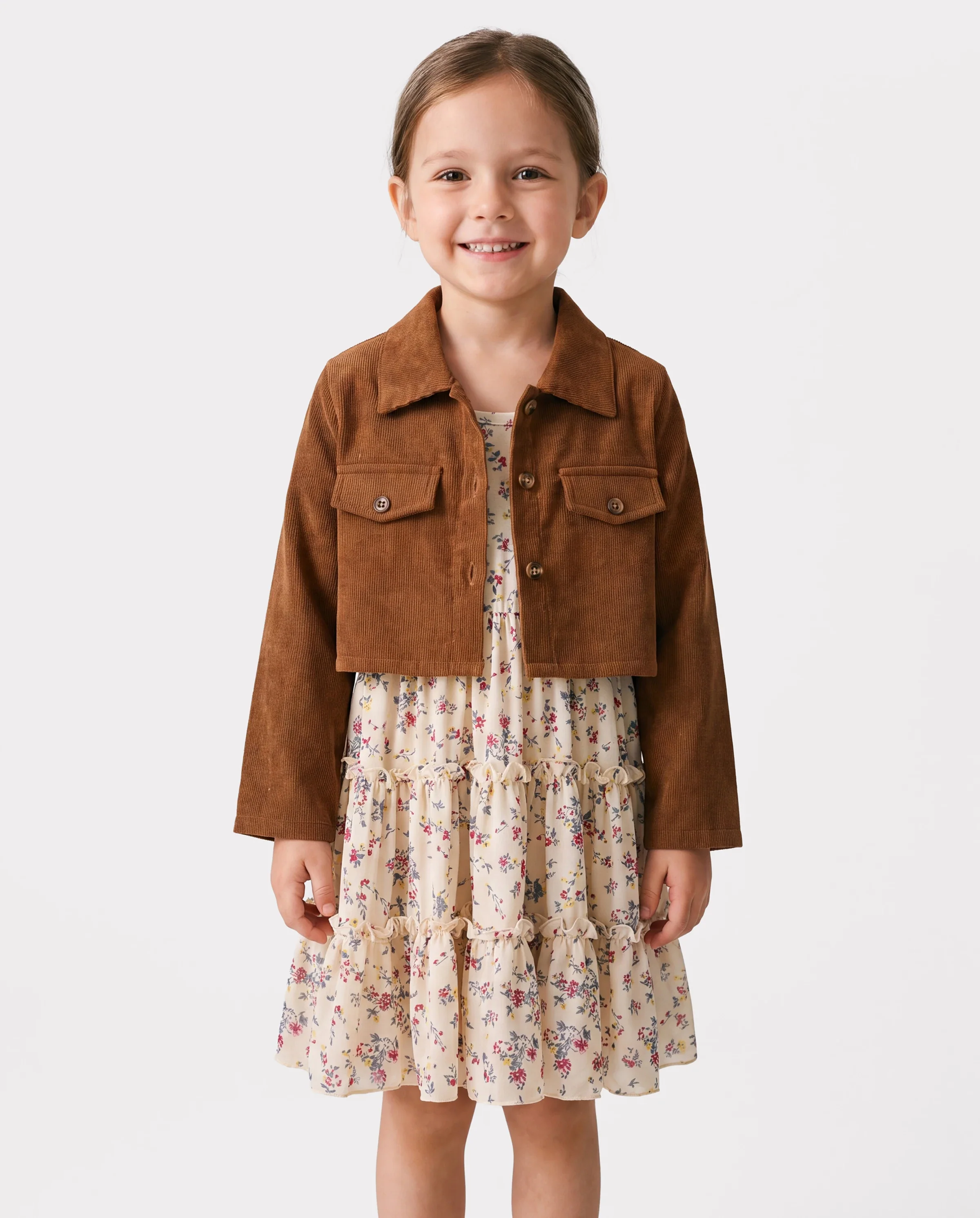 Toddler Girl 2pcs Lapel Collar Jacket and Floral Ruffled Dress Set Khaki - Image 4