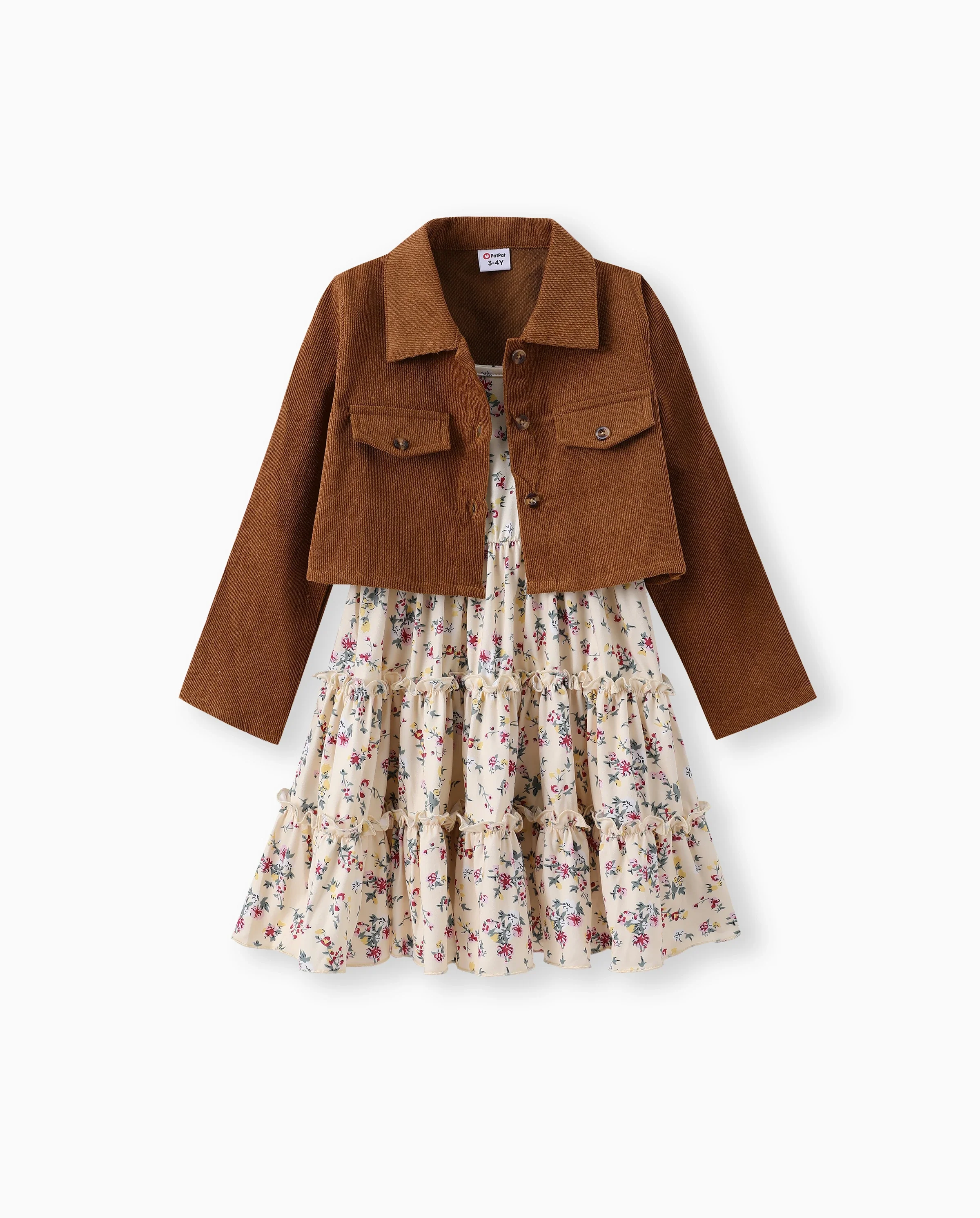 Toddler Girl 2pcs Lapel Collar Jacket and Floral Ruffled Dress Set Khaki - Image 6