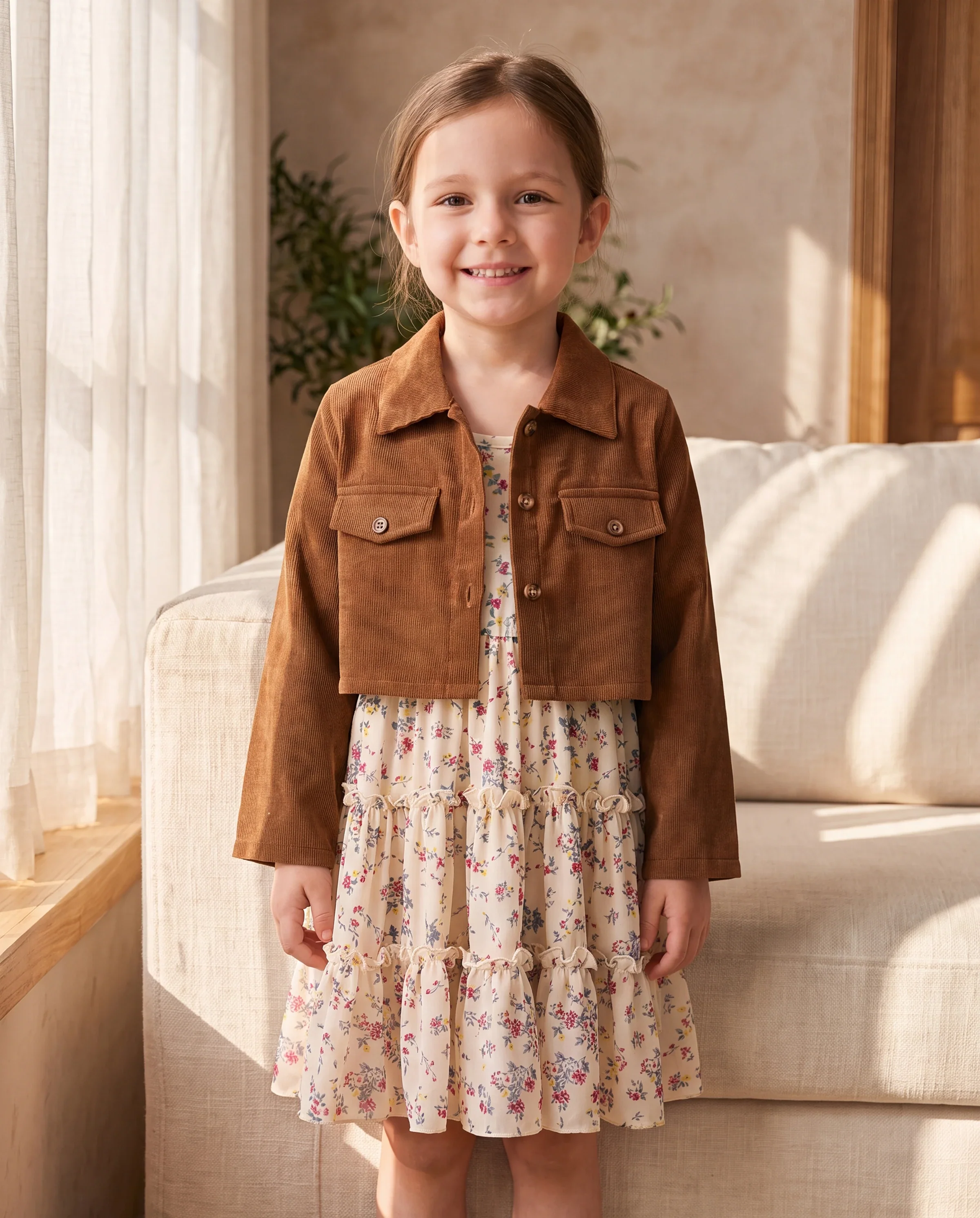 Toddler Girl 2pcs Lapel Collar Jacket and Floral Ruffled Dress Set Khaki - Image 7