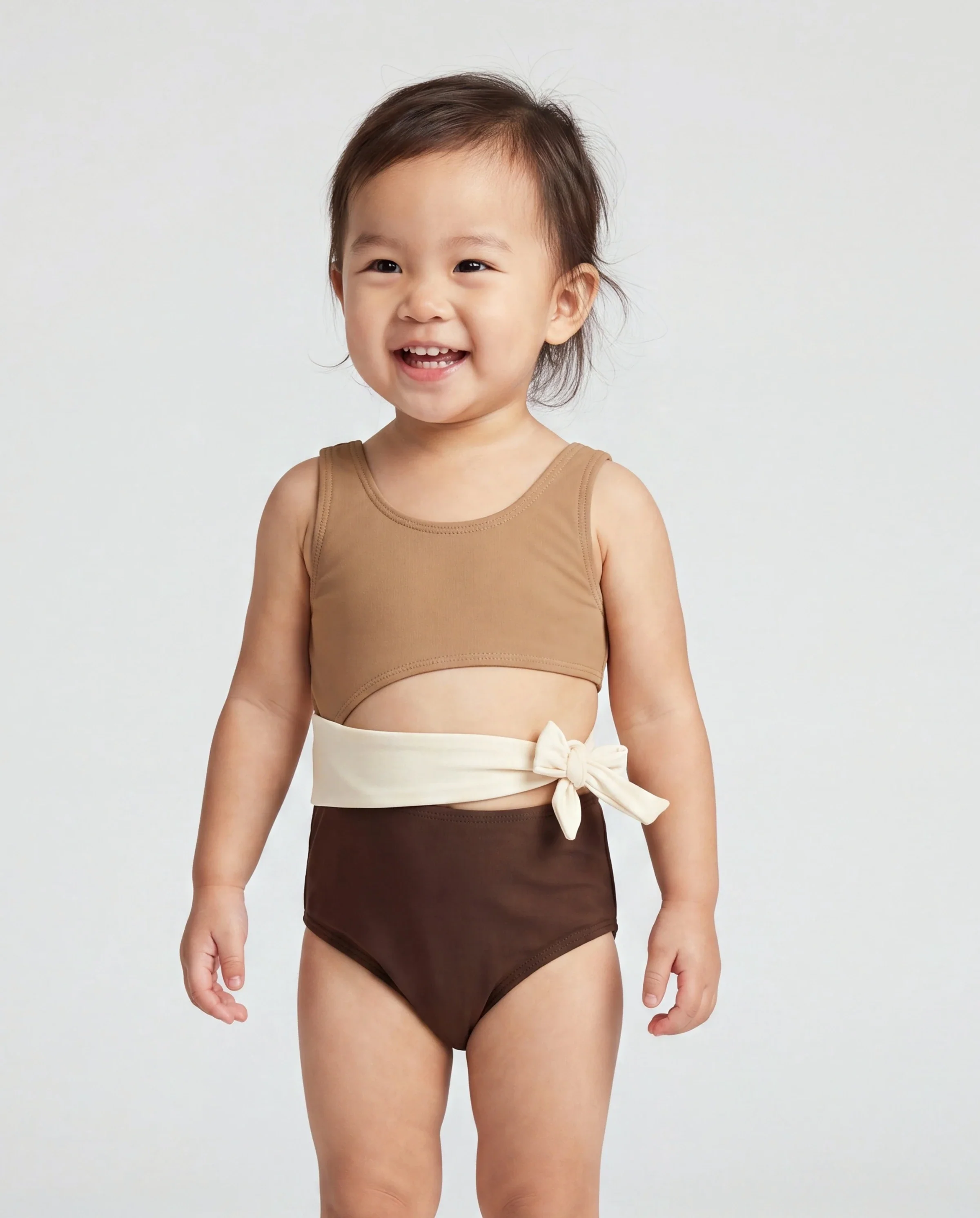 Toddler Girl Color Block Swimsuits, Summer Beach Vacation Swimwear Coffee - Image 2
