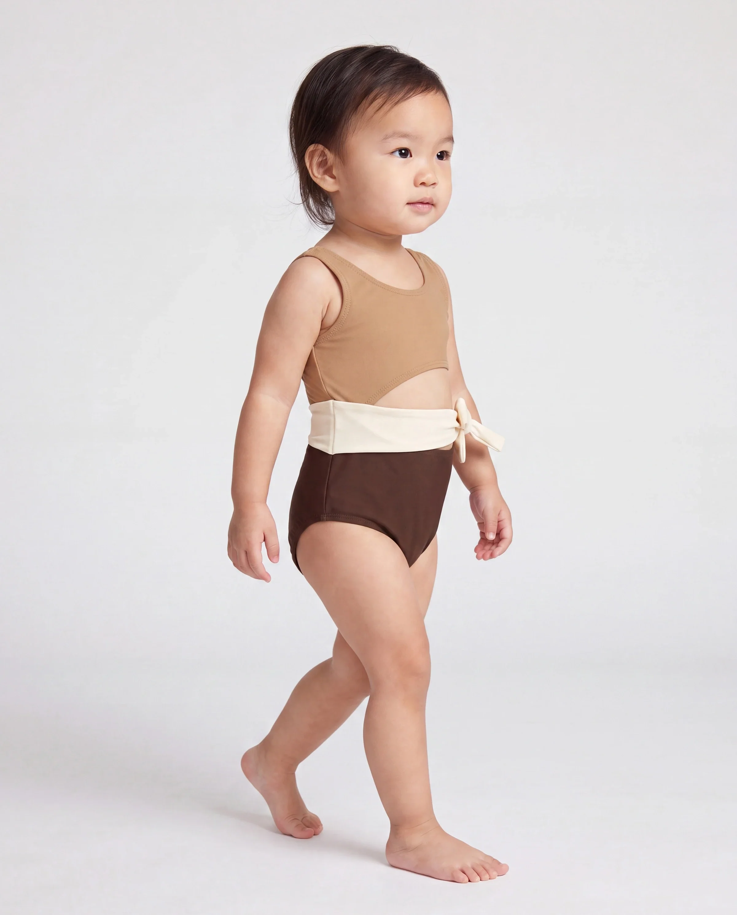 Toddler Girl Color Block Swimsuits, Summer Beach Vacation Swimwear Coffee - Image 3