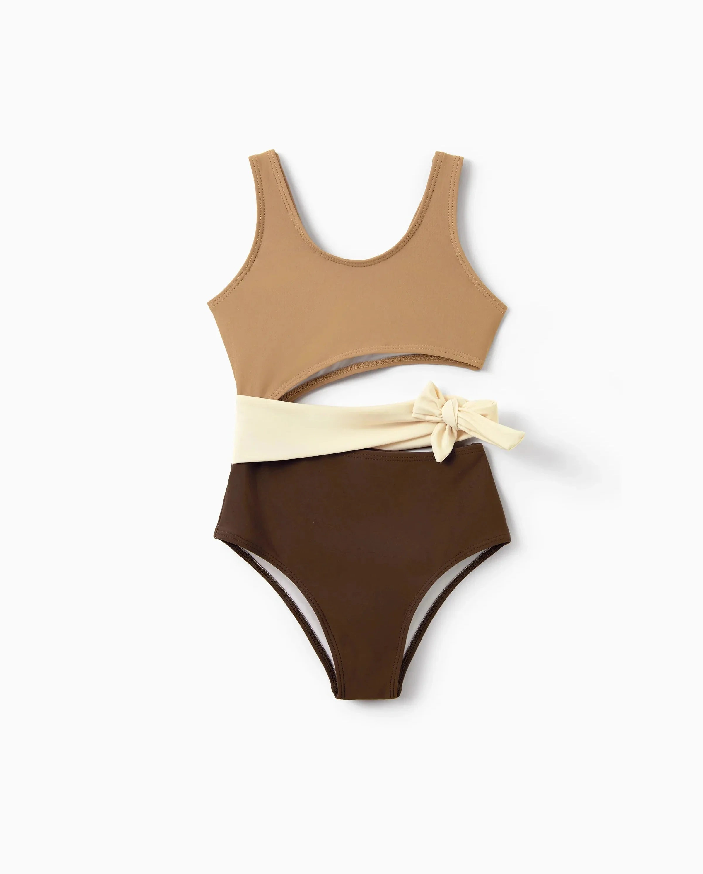 Toddler Girl Color Block Swimsuits, Summer Beach Vacation Swimwear Coffee - Image 7