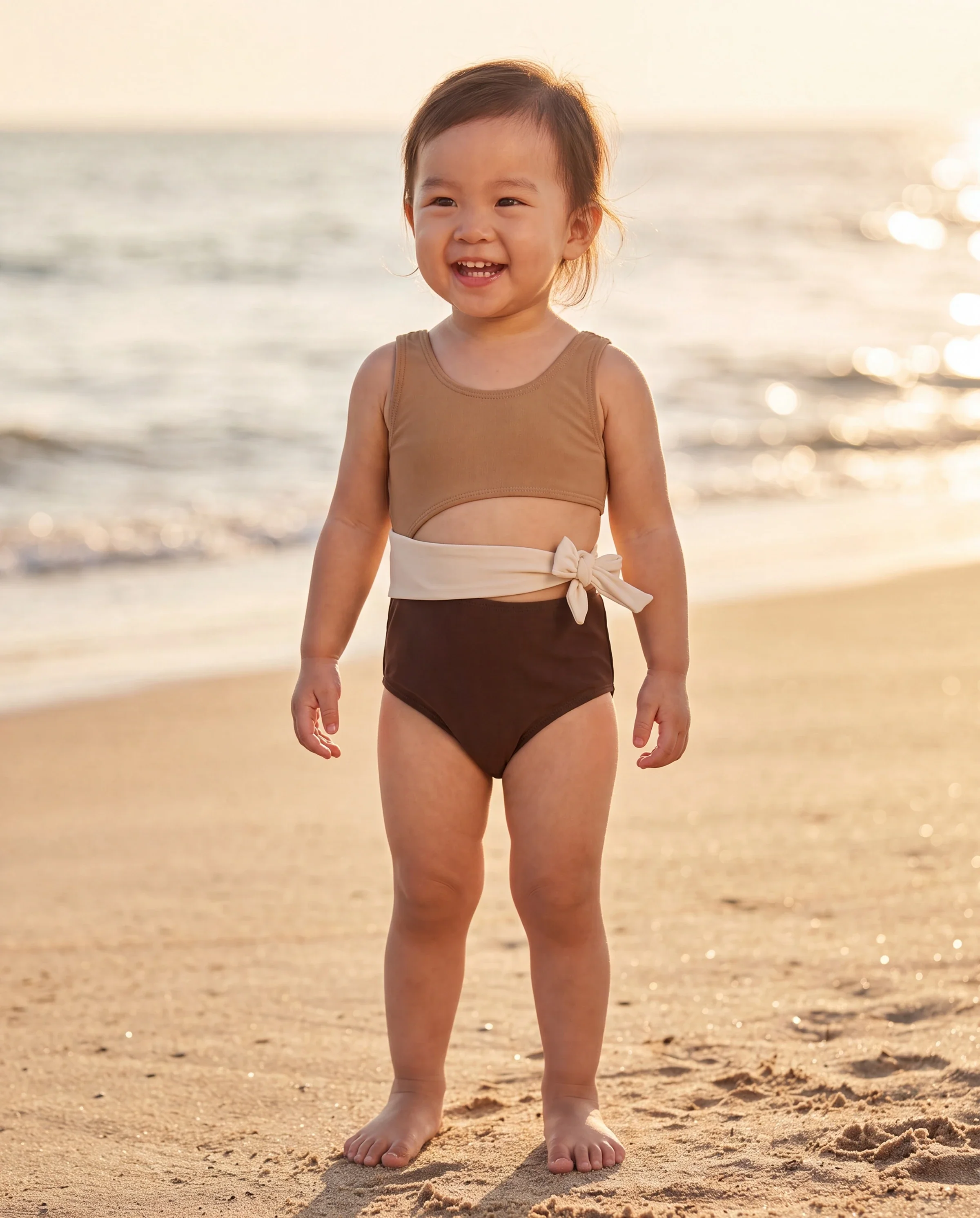 Toddler Girl Color Block Swimsuits, Summer Beach Vacation Swimwear Coffee - Image 8