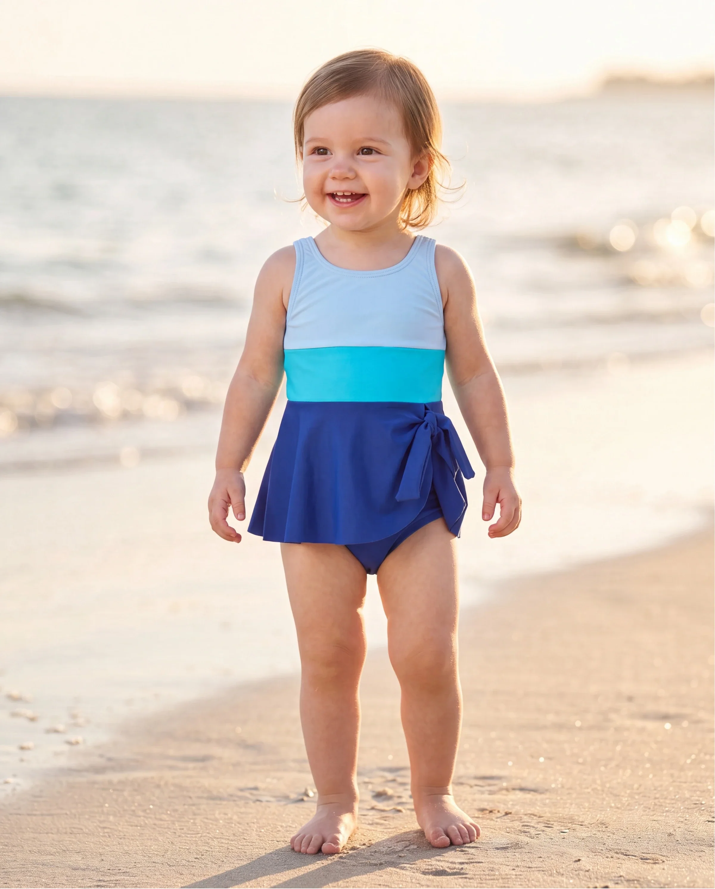 Toddler Girl Color Block Swimsuits One Shoulder Swim Dress Blue - Image 8