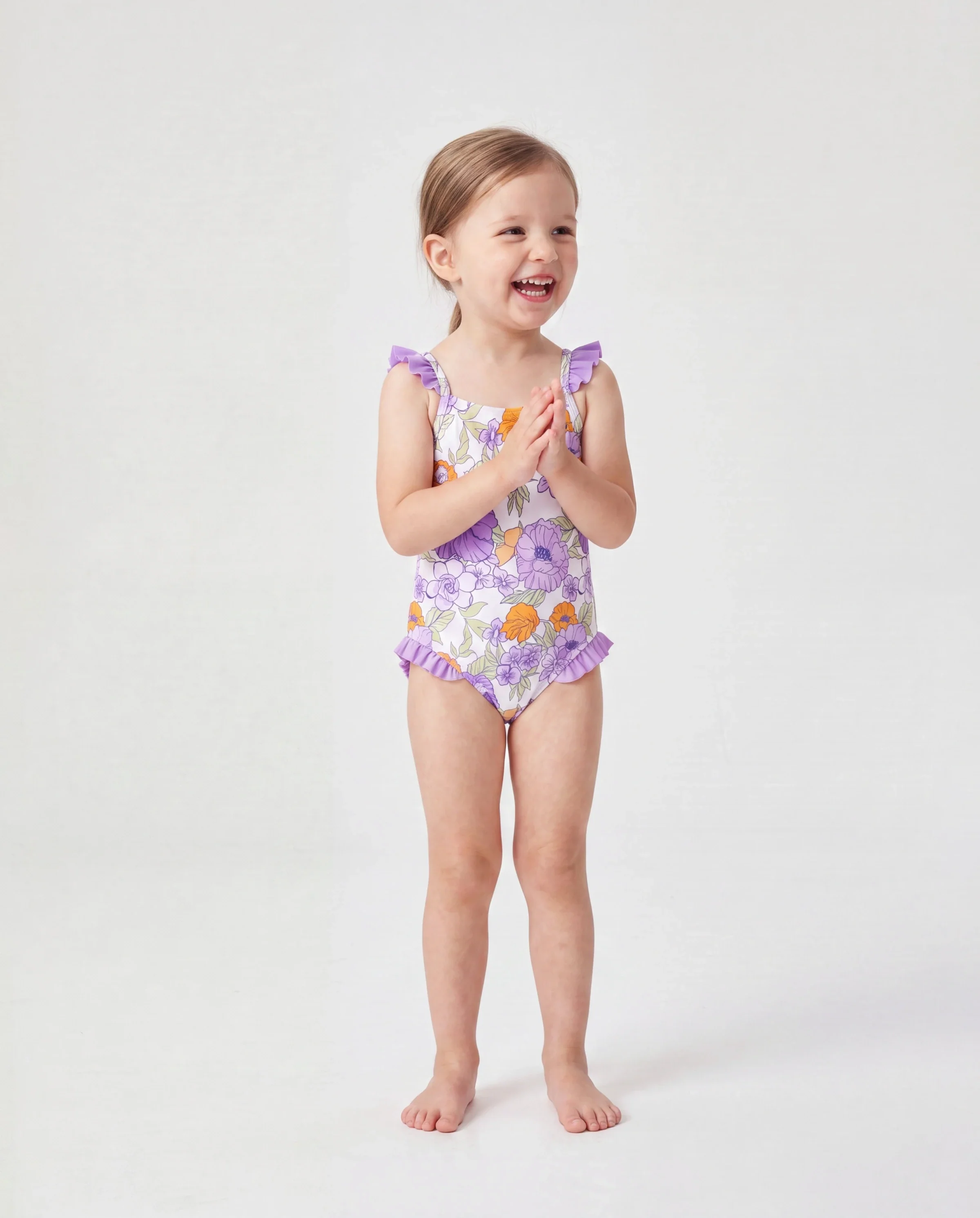 Toddler Girl Floral Print Swimsuits Ruffled One-Piece Bathing Suit Purple - Image 2