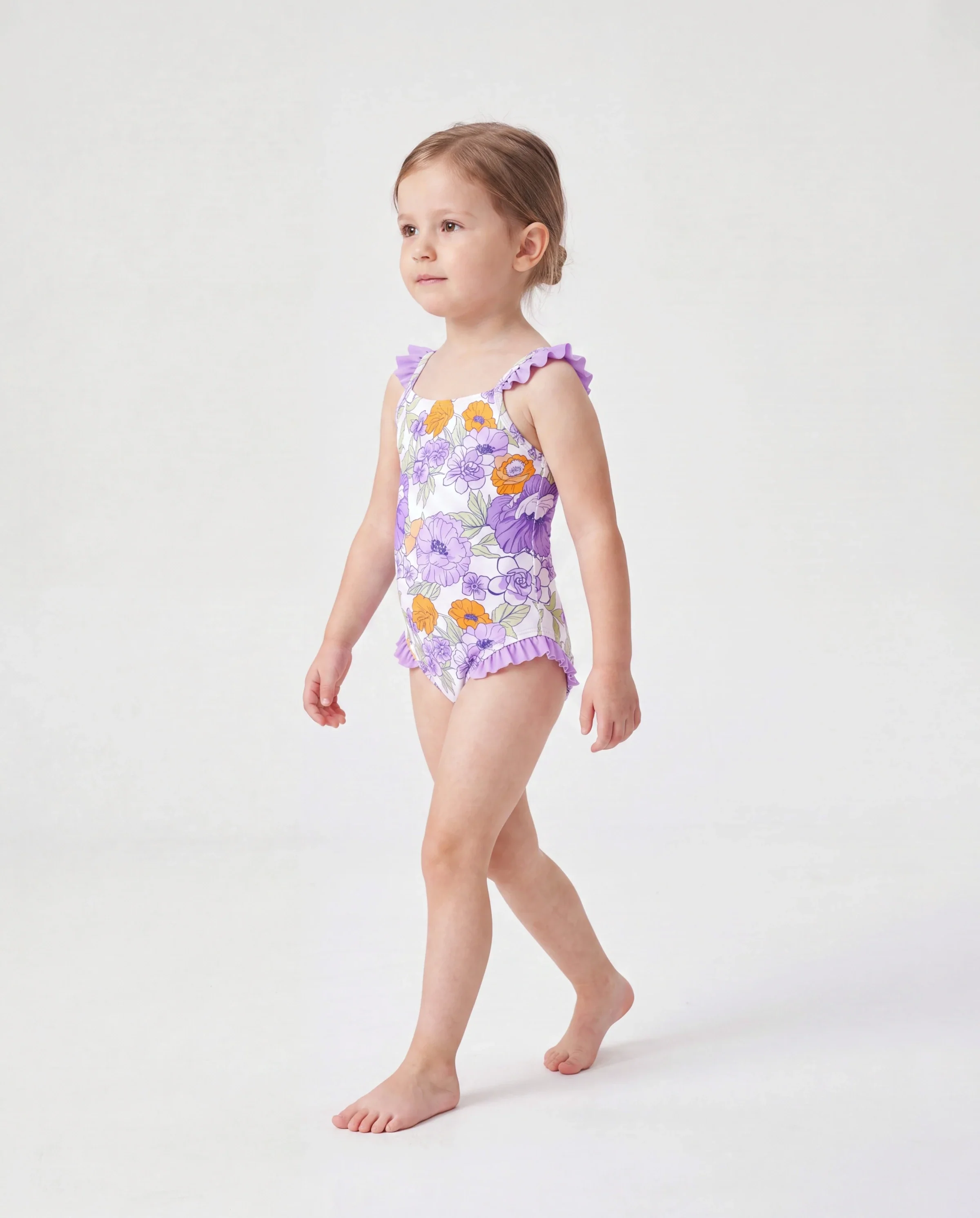 Toddler Girl Floral Print Swimsuits Ruffled One-Piece Bathing Suit Purple - Image 3