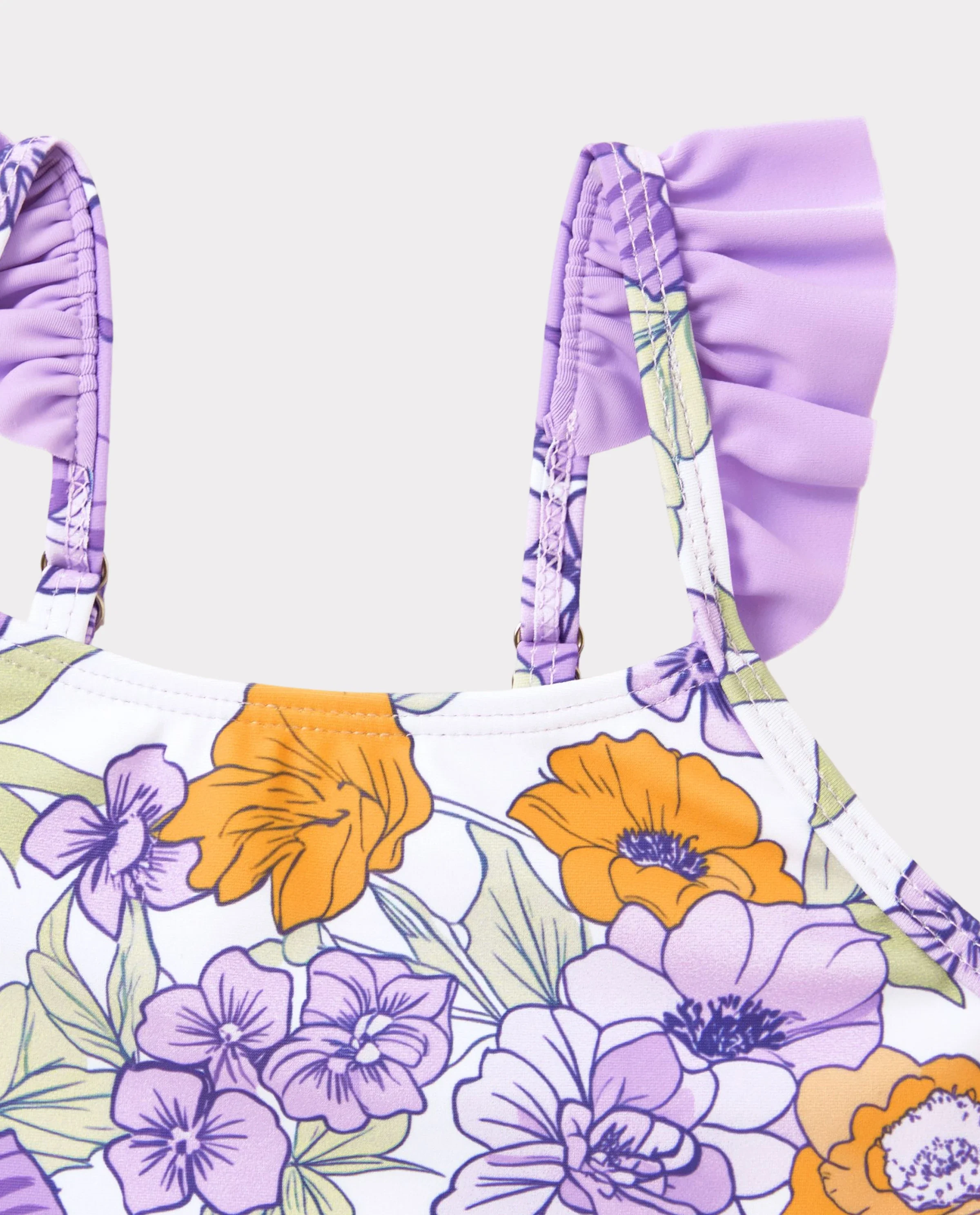 Toddler Girl Floral Print Swimsuits Ruffled One-Piece Bathing Suit Purple - Image 5
