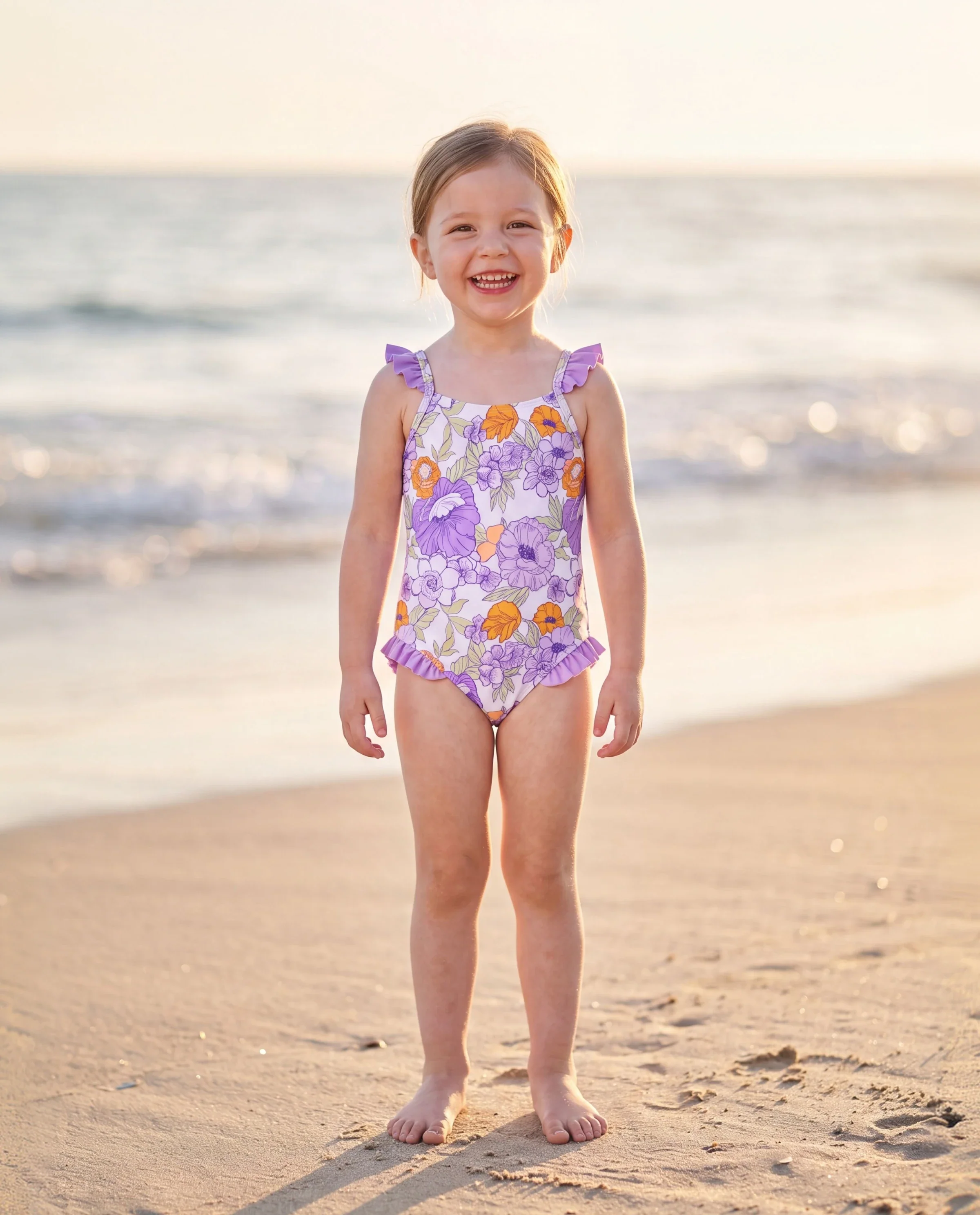 Toddler Girl Floral Print Swimsuits Ruffled One-Piece Bathing Suit Purple - Image 8