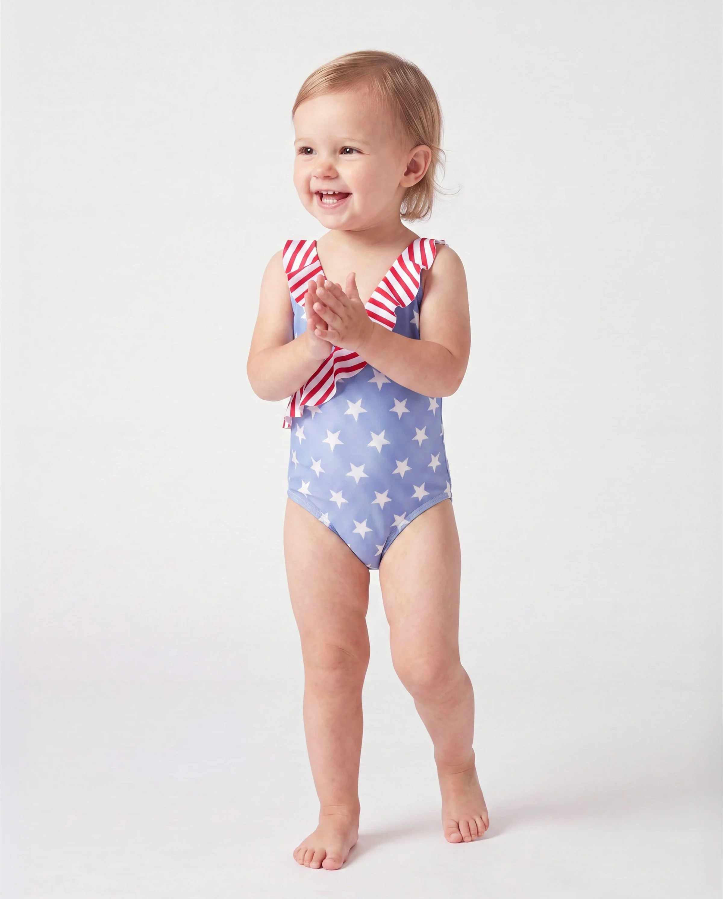Toddler Girl Independence Day 4th of July Patriotic Swimwear Stars Stripes Ruffled Layers V-neck One-Piece Swimsuits Blue - Image 2
