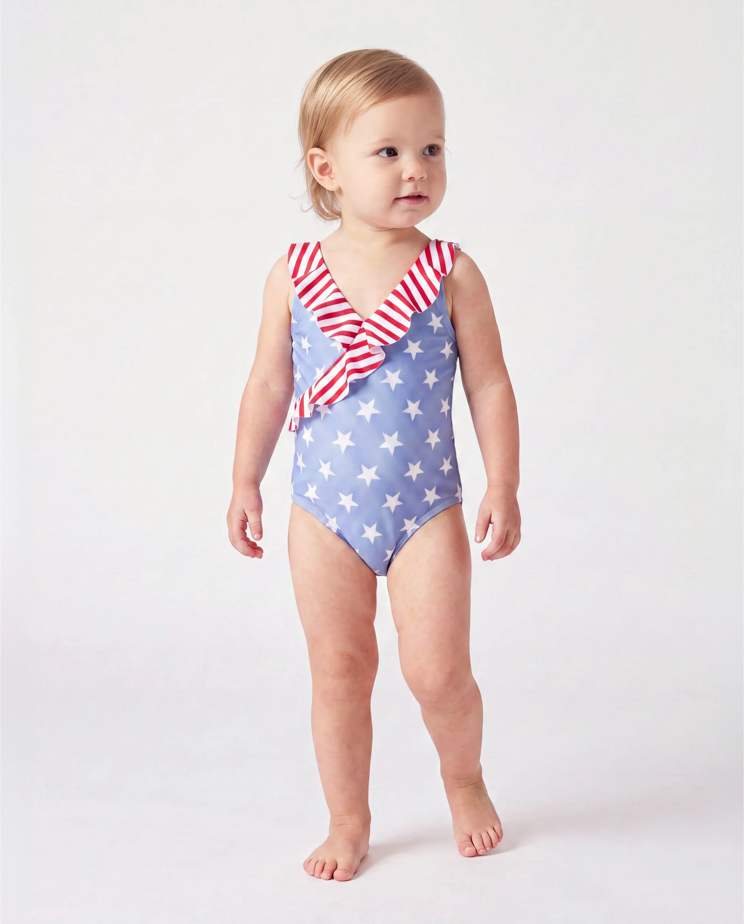 Toddler Girl Independence Day 4th of July Patriotic Swimwear Stars Stripes Ruffled Layers V-neck One-Piece Swimsuits Blue - Image 3