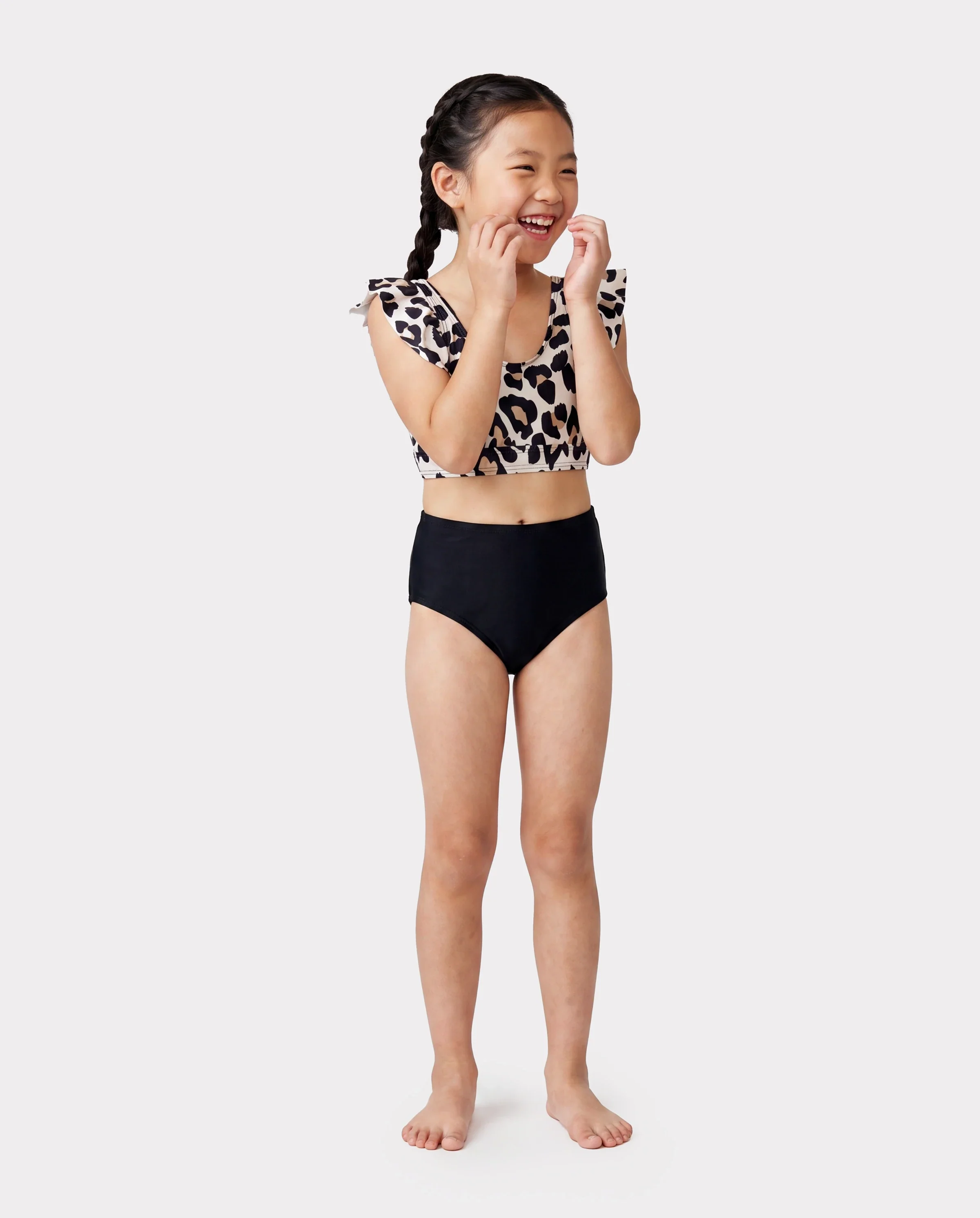 Toddler Girl Leopard Pattern Drawstring Ruffle Neck Two-Piece Bikini Skirt Black