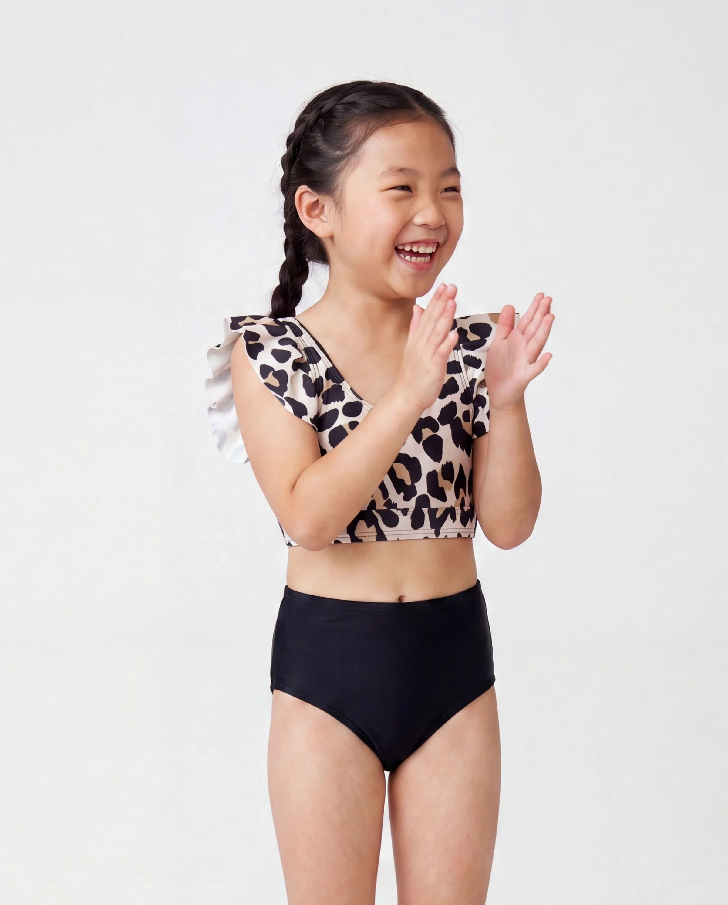 Toddler Girl Leopard Pattern Drawstring Ruffle Neck Two-Piece Bikini Skirt Black - Image 2
