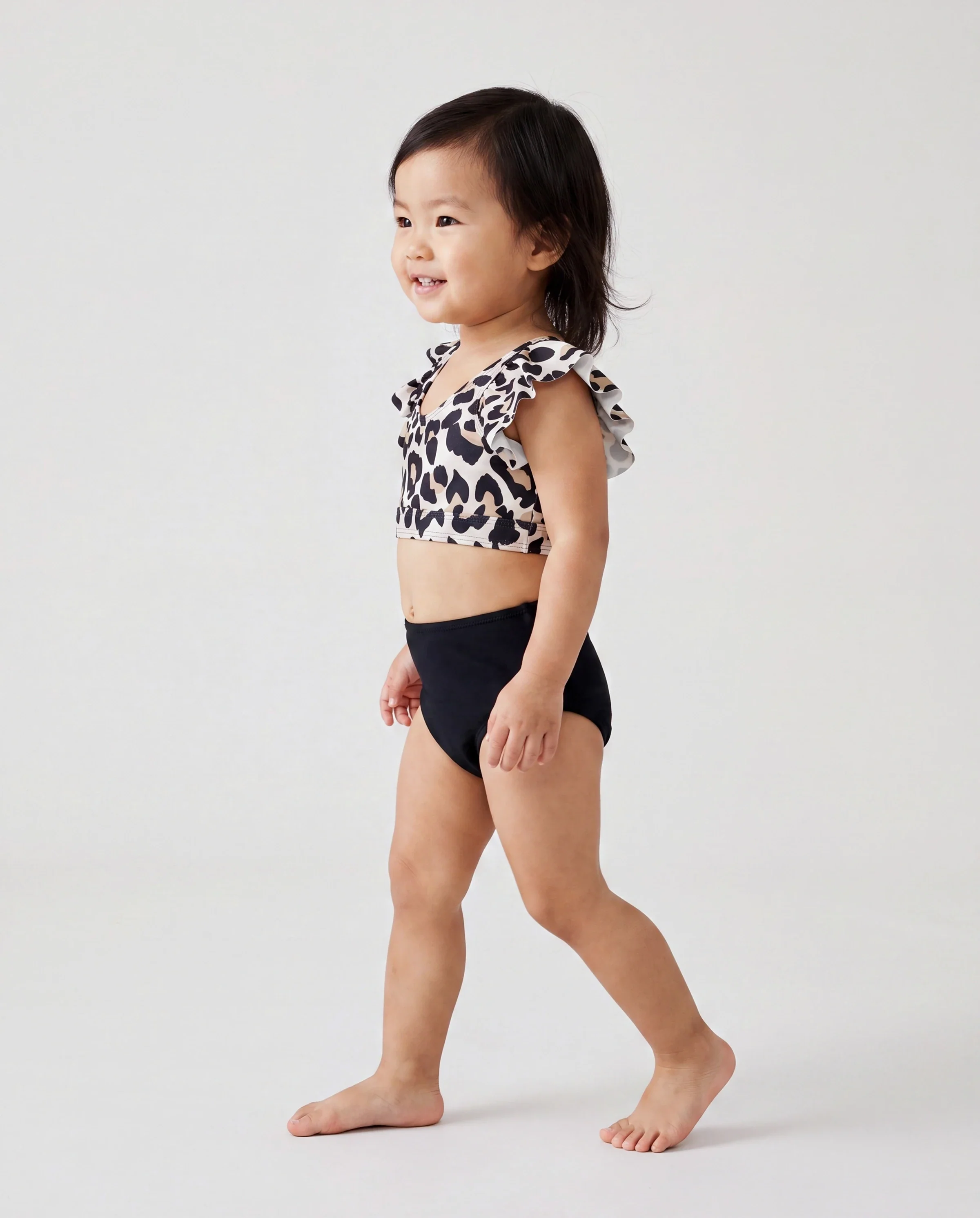 Toddler Girl Leopard Pattern Drawstring Ruffle Neck Two-Piece Bikini Skirt Black - Image 3