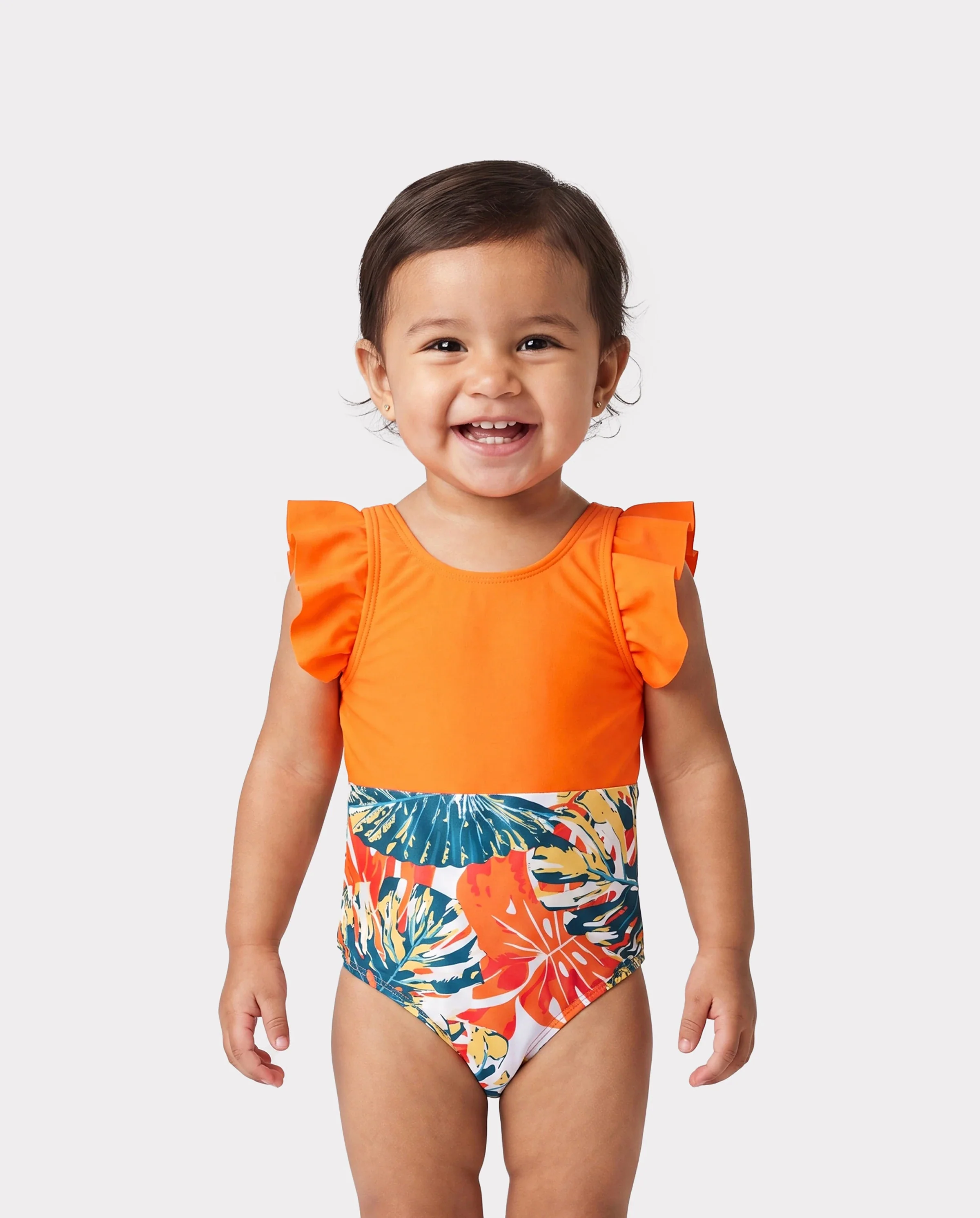 Toddler Girl Orange and All Over Tropical Plant Print Splicing Ruffle One-Piece Swimsuit Orange color